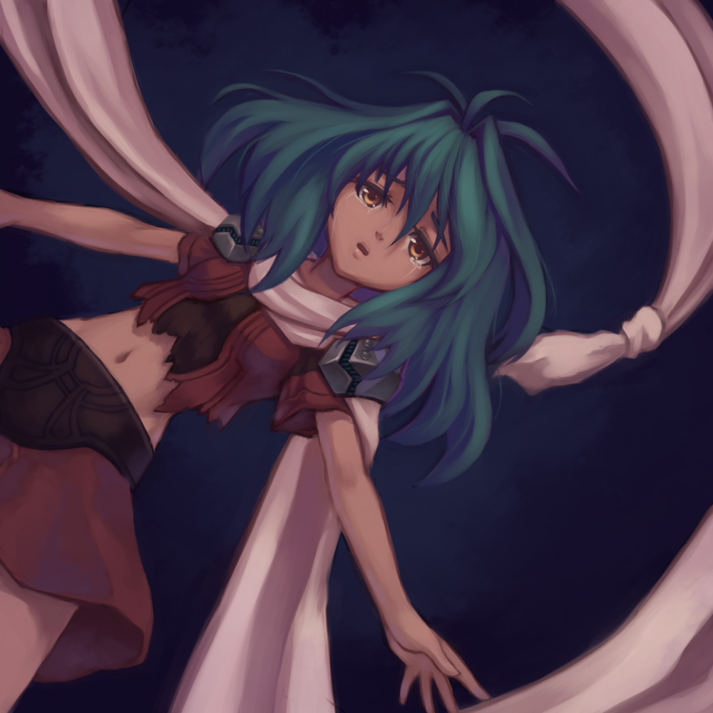 tda, emerada (xenogears), xenogears, 1girl, armor, female focus, green hair, midriff, navel, pauldrons, scarf, shoulder armor, skirt, solo, tears, yellow eyes