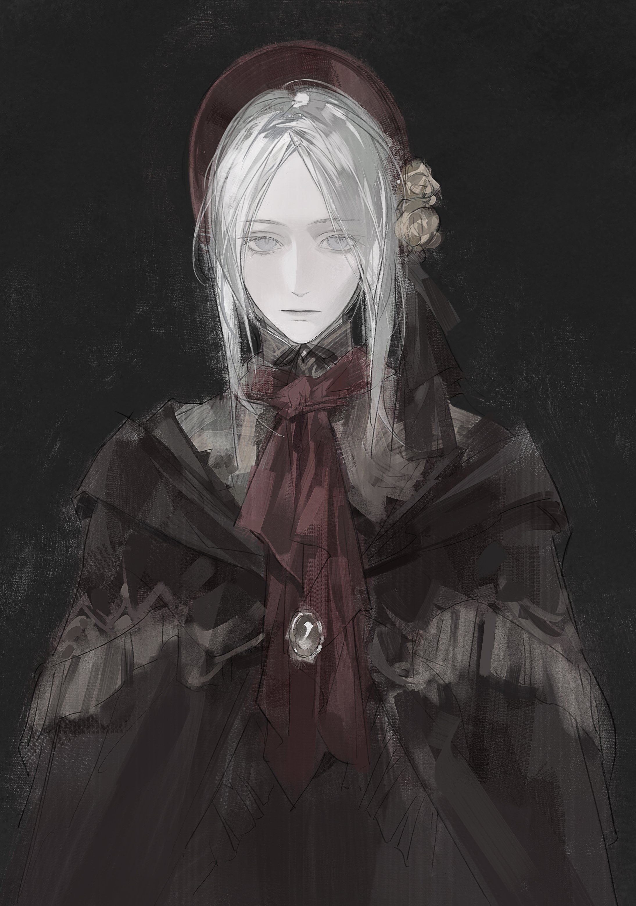 lynnn28208524, plain doll, bloodborne, absurdres, highres, 1girl, ascot, black background, black cloak, bonnet, cloak, doll, flower, grey eyes, grey hair, hair flower, hair ornament, long hair, looking at viewer, pale skin, parted bangs, red ascot, red bonnet, sidelocks, solo, upper body