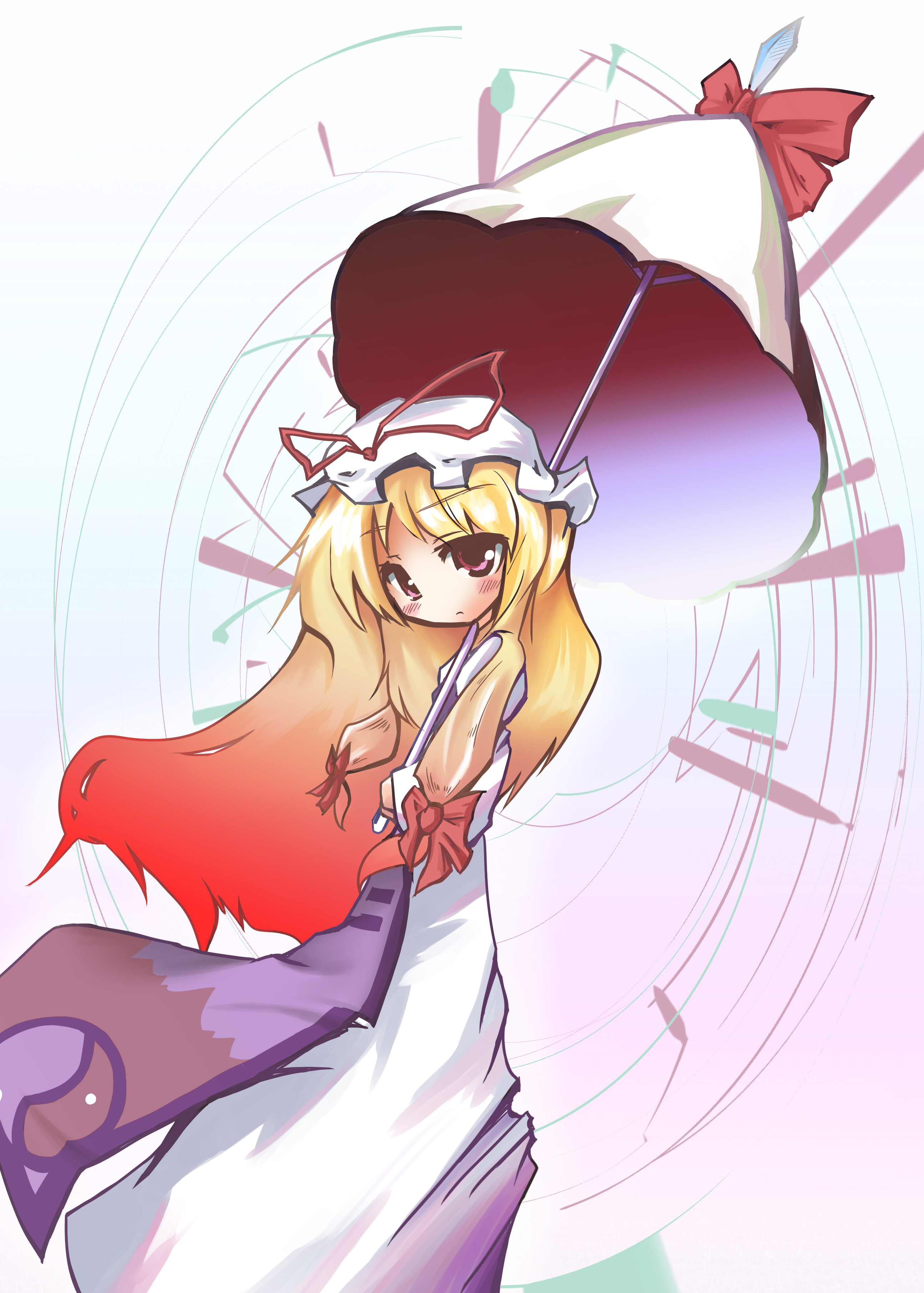 makoto (rabbit and grapes), yakumo yukari, touhou, absurdres, bad id, bad pixiv id, highres, 1girl, blonde hair, blush, female focus, hat, long hair, red eyes, ribbon, solo
