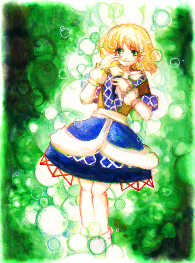 hanada hyou, mizuhashi parsee, touhou, bad id, bad pixiv id, 1girl, arm warmers, blonde hair, elf, female focus, green eyes, pointy ears, short hair, smile, solo, standing