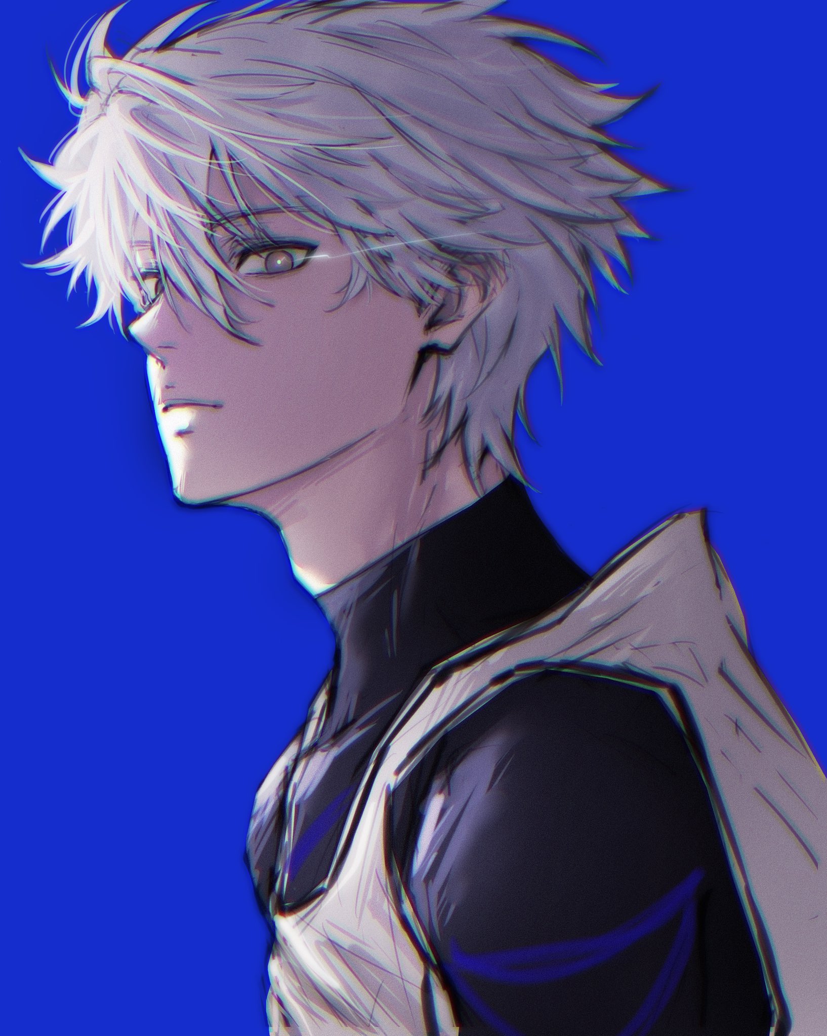 nagi seishirou, blue lock, highres, 1boy, adam's apple, blue background, blue lock bodysuit, closed mouth, hair between eyes, looking at viewer, male focus, qqiqb, short hair, simple background, soccer uniform, solo, sportswear, upper body, white hair