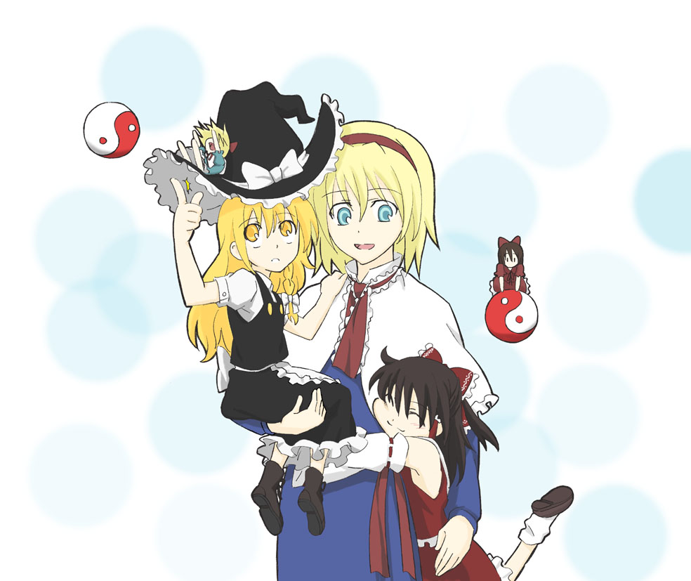 shirokuma (reirako-reirako), alice margatroid, hakurei reimu, kirisame marisa, shanghai doll, touhou, bad id, bad pixiv id, 3girls, blonde hair, blue eyes, brown hair, doll, female focus, hairband, hat, hug, long hair, multiple girls, ribbon, short hair, witch, witch hat, yellow eyes
