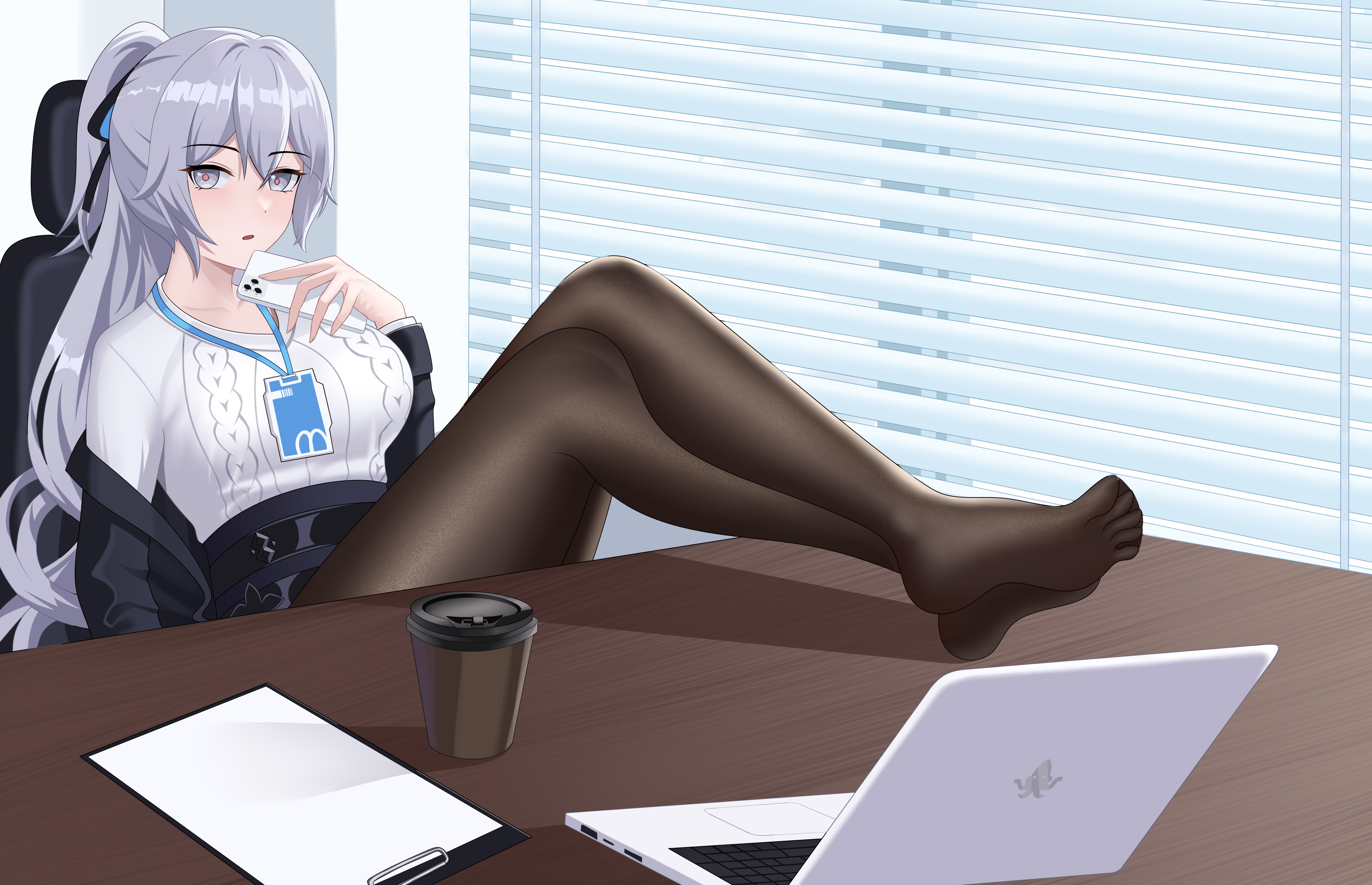 shuaishousha, bronya zaychik, bronya zaychik (outstanding attitude), bronya zaychik (silverwing: n-ex), honkai (series), honkai impact 3rd, absurdres, chinese commentary, commentary request, highres, 1girl, black coat, black pantyhose, blue skirt, breasts, chair, coat, feet on desk, grey eyes, grey hair, grey sweater, holding, holding phone, indoors, large breasts, long hair, looking at viewer, no shoes, office, office lady, official alternate costume, on chair, pantyhose, phone, sitting, skirt, soles, solo, sweater, swivel chair, toes, very long hair