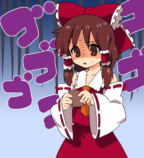 ayasugi tsubaki, hakurei reimu, touhou, 1girl, detached sleeves, female focus, gloom (expression), japanese clothes, miko, shaded face, solo
