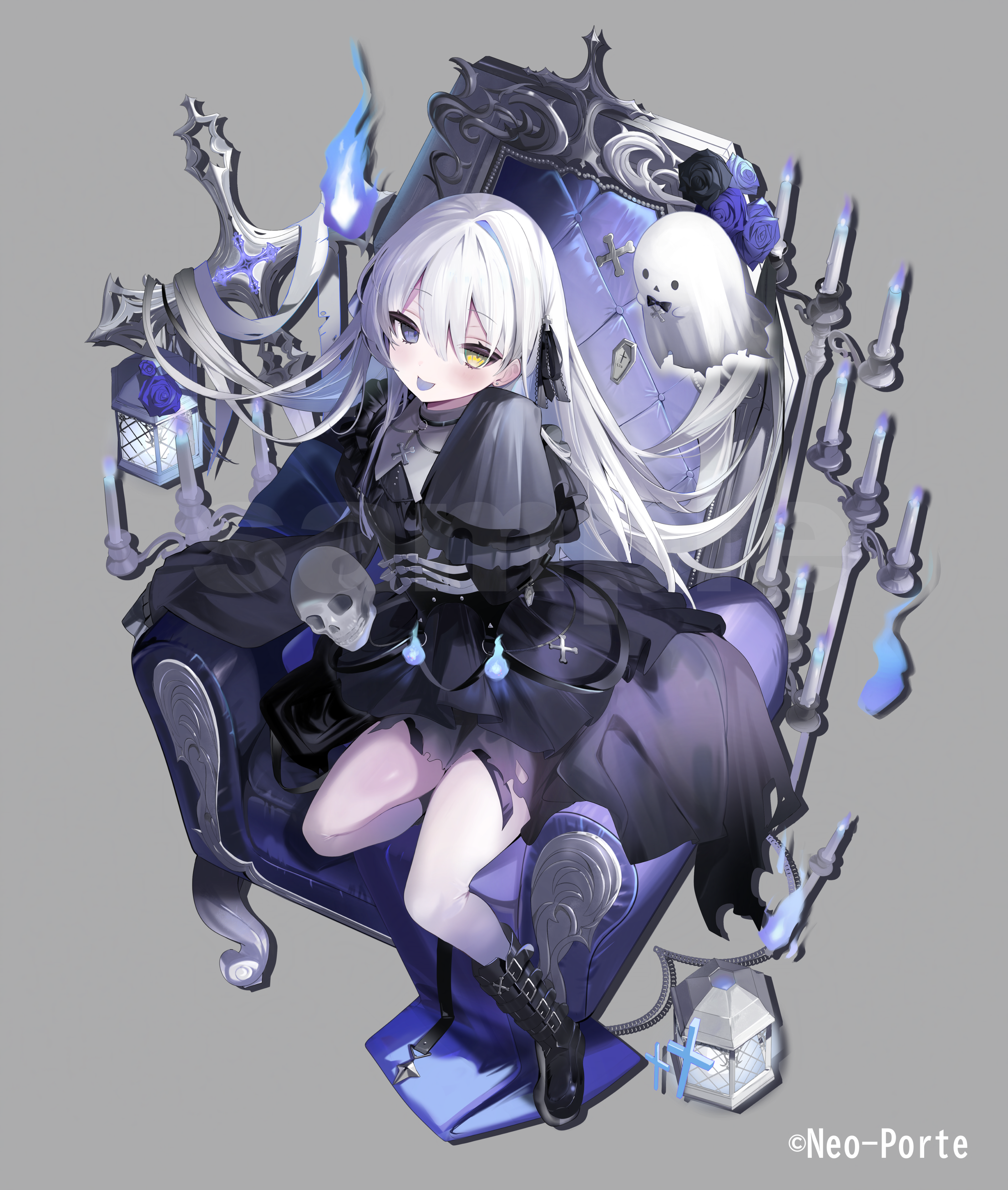 onodera nire, kasukano uturo, neo-porte, absurdres, commentary request, highres, official art, 1girl, bare legs, black boots, black dress, blue fire, boots, candle, candlestand, chair, colored tongue, dress, fire, ghost, grey background, head tilt, heterochromia, lantern, long hair, long sleeves, looking at viewer, mirror, picture frame, purple eyes, purple tongue, simple background, skull, smile, solo, torn clothes, torn dress, very long hair, virtual youtuber, white hair, yellow eyes