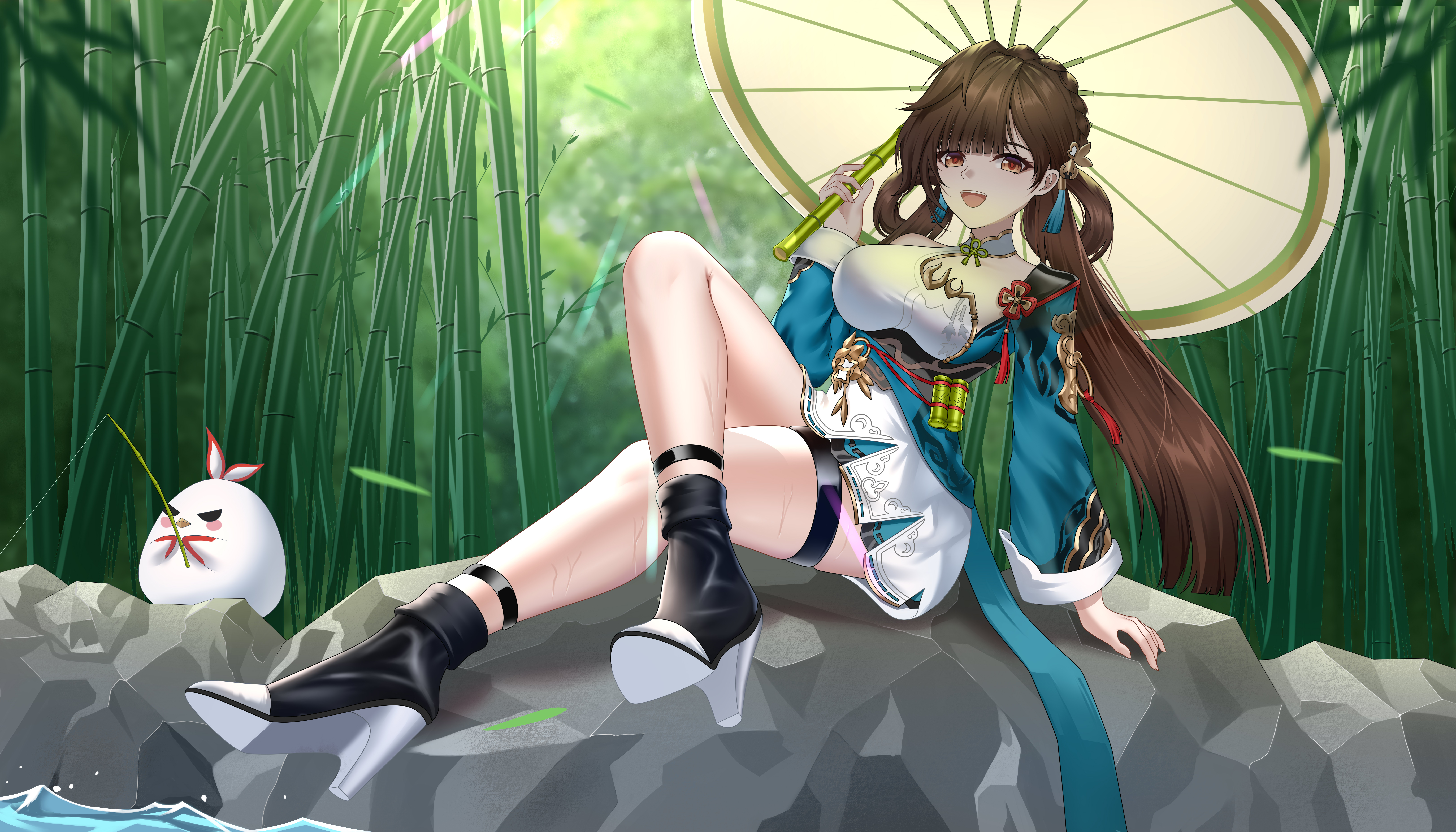shuaishousha, jingwei (bird), li sushang, li sushang (peregrine sword), honkai (series), honkai impact 3rd, absurdres, chinese commentary, commentary request, highres, 1girl, bamboo, bamboo forest, bird, breasts, brown eyes, brown hair, crossed arms, dress, fishing, fishing rod, forest, high heels, holding, holding fishing rod, holding umbrella, large breasts, long hair, looking at viewer, nature, sitting, thigh strap, thighs, umbrella, very long hair, water, white dress