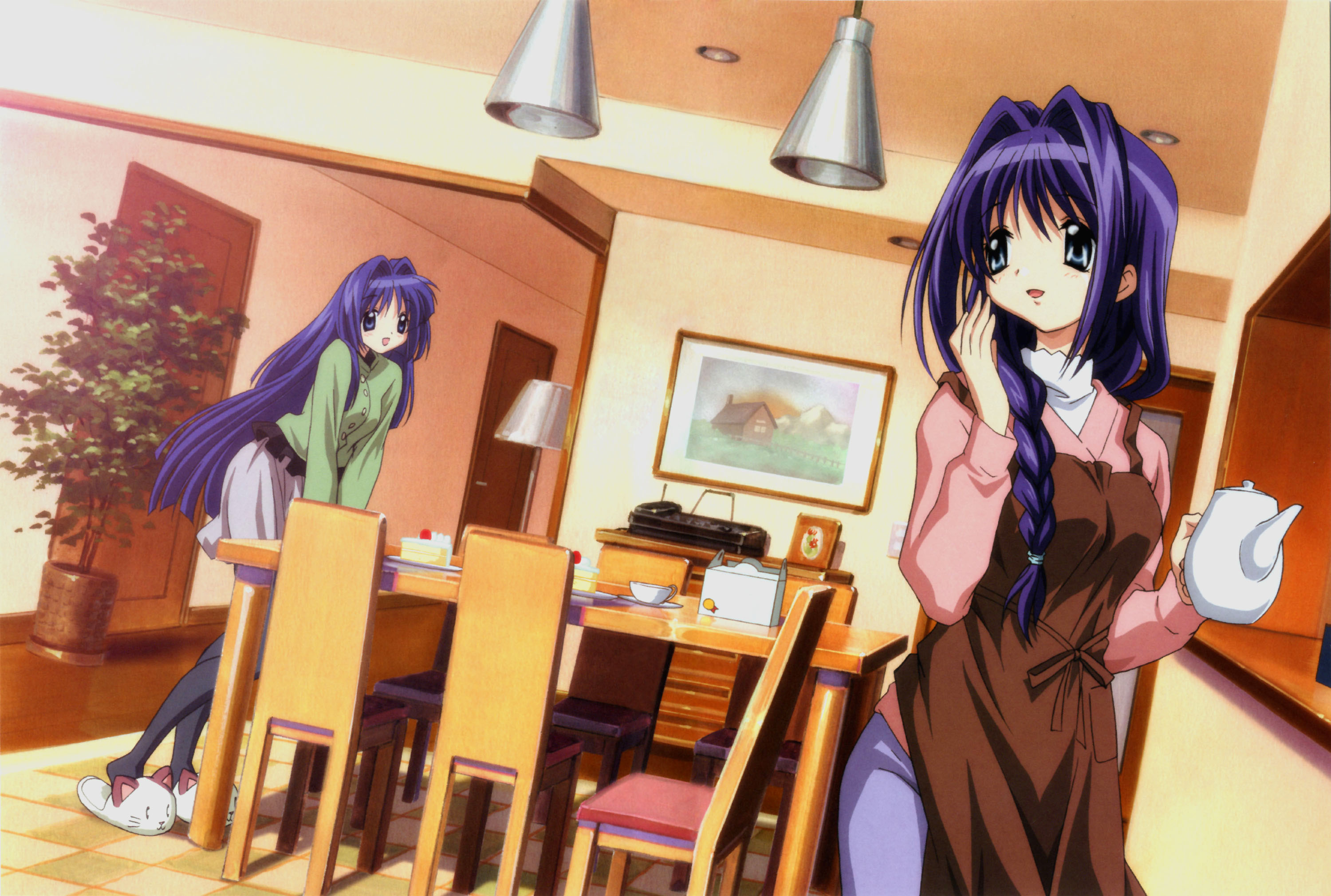ikeda kazumi, minase akiko, minase nayuki, kanon, highres, non-web source, 2girls, apron, blue eyes, blue hair, braid, cake, casual, food, hair intakes, long hair, multiple girls, pastry, single braid, slippers, teapot, thighhighs, very long hair