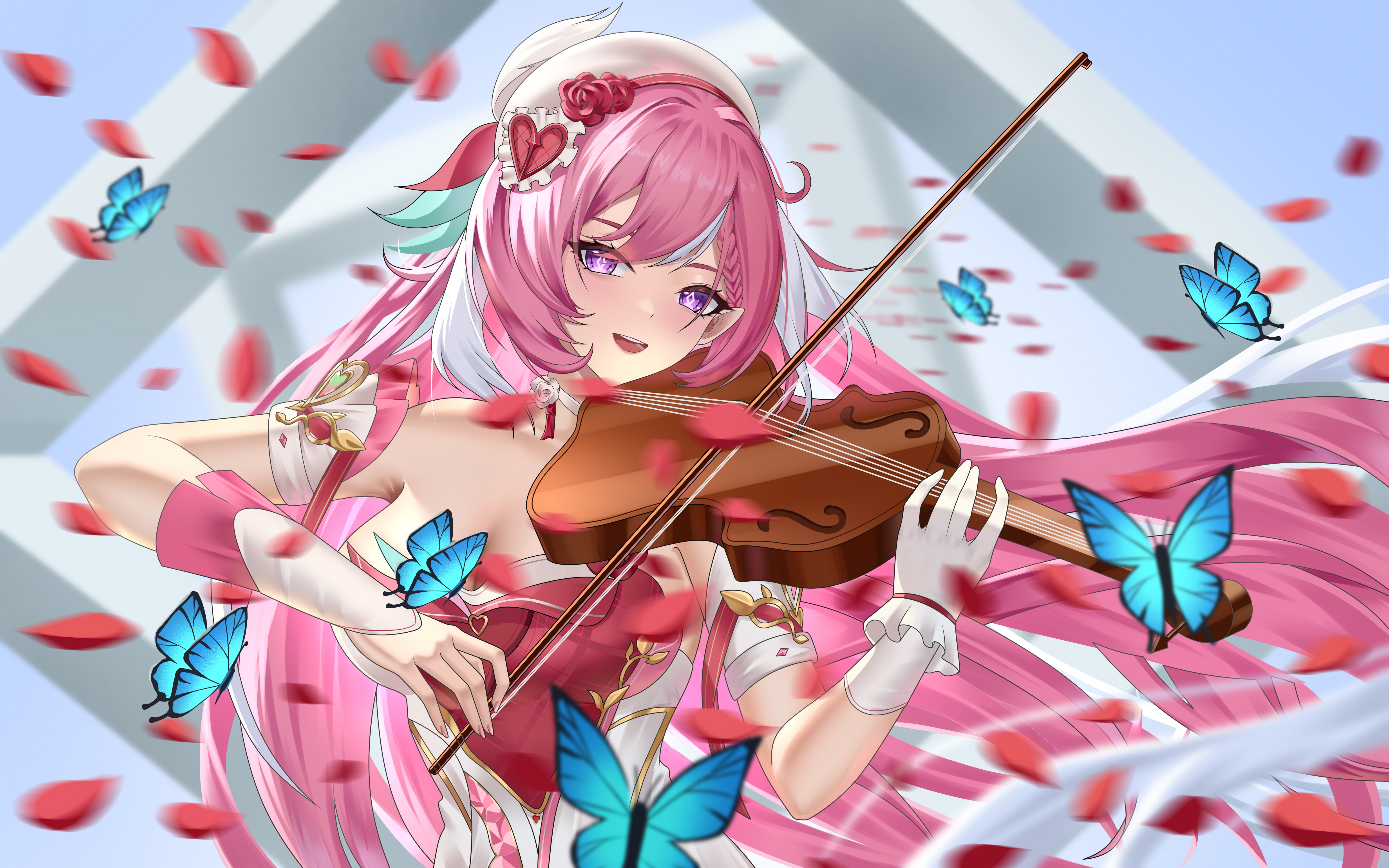 shuaishousha, elysia (hi love elf) (honkai impact), elysia (honkai impact), honkai (series), honkai impact 3rd, absurdres, chinese commentary, commentary request, highres, 1girl, beret, bow (music), breasts, bug, butterfly, diamond-shaped pupils, diamond (shape), dress, falling petals, gloves, hat, holding, holding bow (music), holding instrument, holding violin, insect, instrument, large breasts, long hair, looking at viewer, multicolored hair, music, petals, pink hair, playing instrument, purple eyes, smile, solo, symbol-shaped pupils, two-tone hair, very long hair, violin, white dress, white gloves, white hair