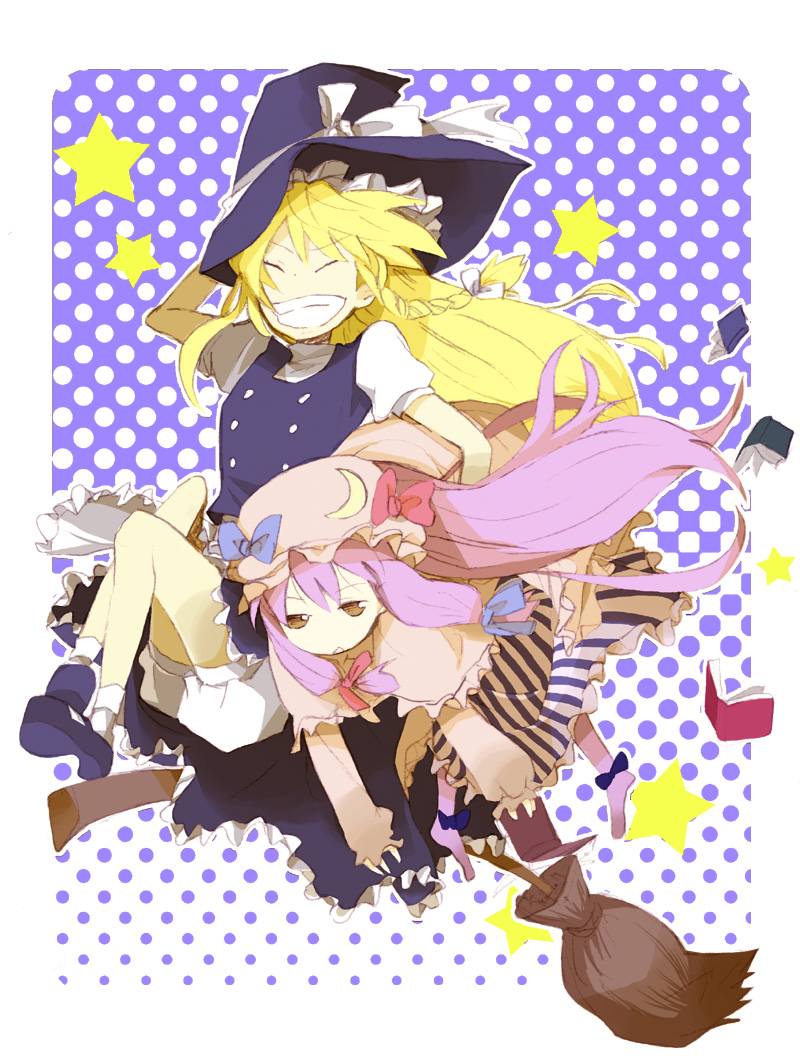 kinari, kirisame marisa, patchouli knowledge, touhou, bad id, bad pixiv id, photoshop (medium), 2girls, :<, :d, apron, black dress, blonde hair, broom, broom riding, carrying, crescent hat ornament, dress, expressionless, female focus, full body, grin, hand on headwear, hat, hat ornament, jitome, looking at viewer, multiple girls, open mouth, puffy short sleeves, puffy sleeves, short sleeves, smile, star (symbol), teeth, w, waist apron, witch hat
