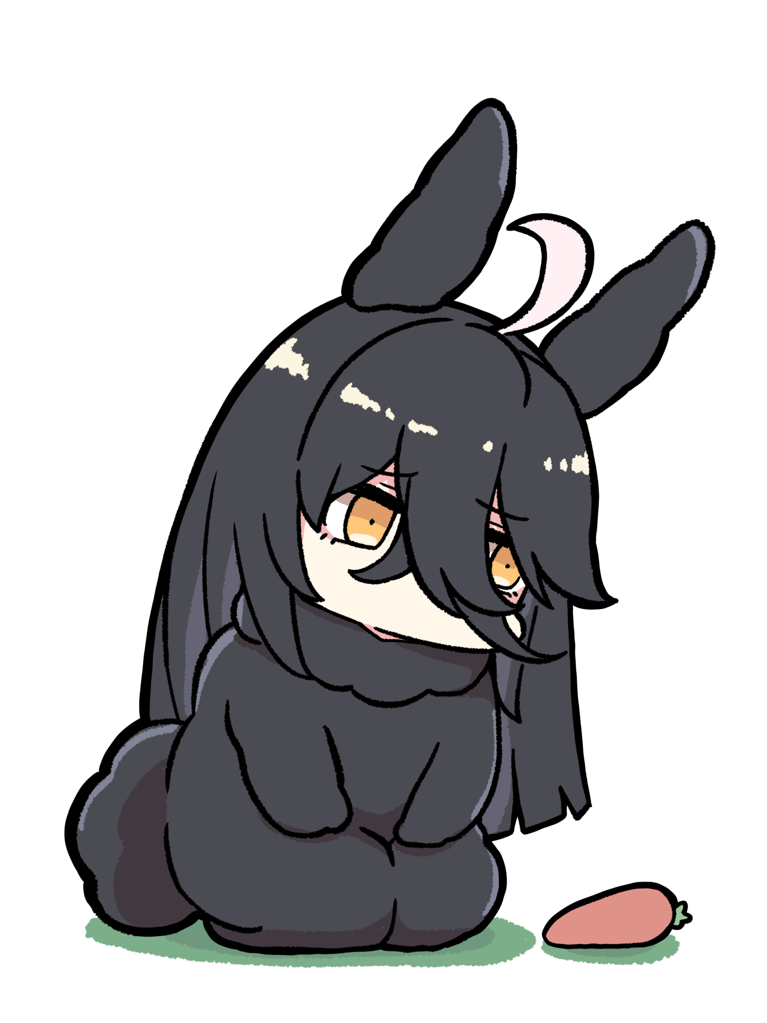 kawamochi (tddm3573), manhattan cafe (umamusume), umamusume, highres, 1girl, ahoge, animal ears, black hair, carrot, full body, hair between eyes, long hair, multicolored hair, orange eyes, rabbit ears, rabbit girl, rabbit tail, simple background, solo, tail, two-tone hair, very long hair, white background, white hair