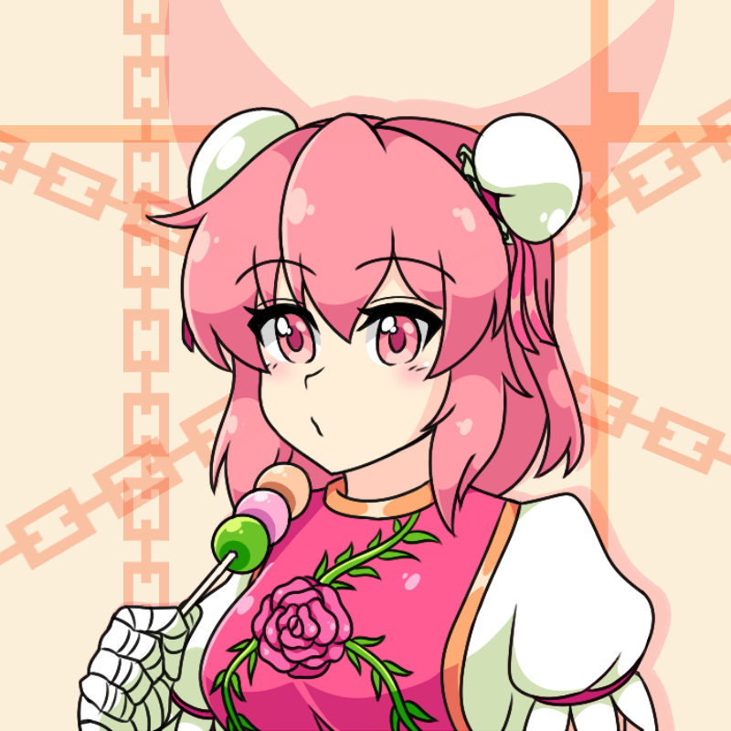 neferkitty, ibaraki kasen, touhou, wild and horned hermit, 1girl, bandaged arm, bandages, blush, breasts, bun cover, dango, double bun, false arm, false limb, flower, food, hair bun, looking at viewer, pink eyes, pink flower, pink hair, pink rose, red tabard, rose, short hair, short sleeves, solo, tabard, wagashi