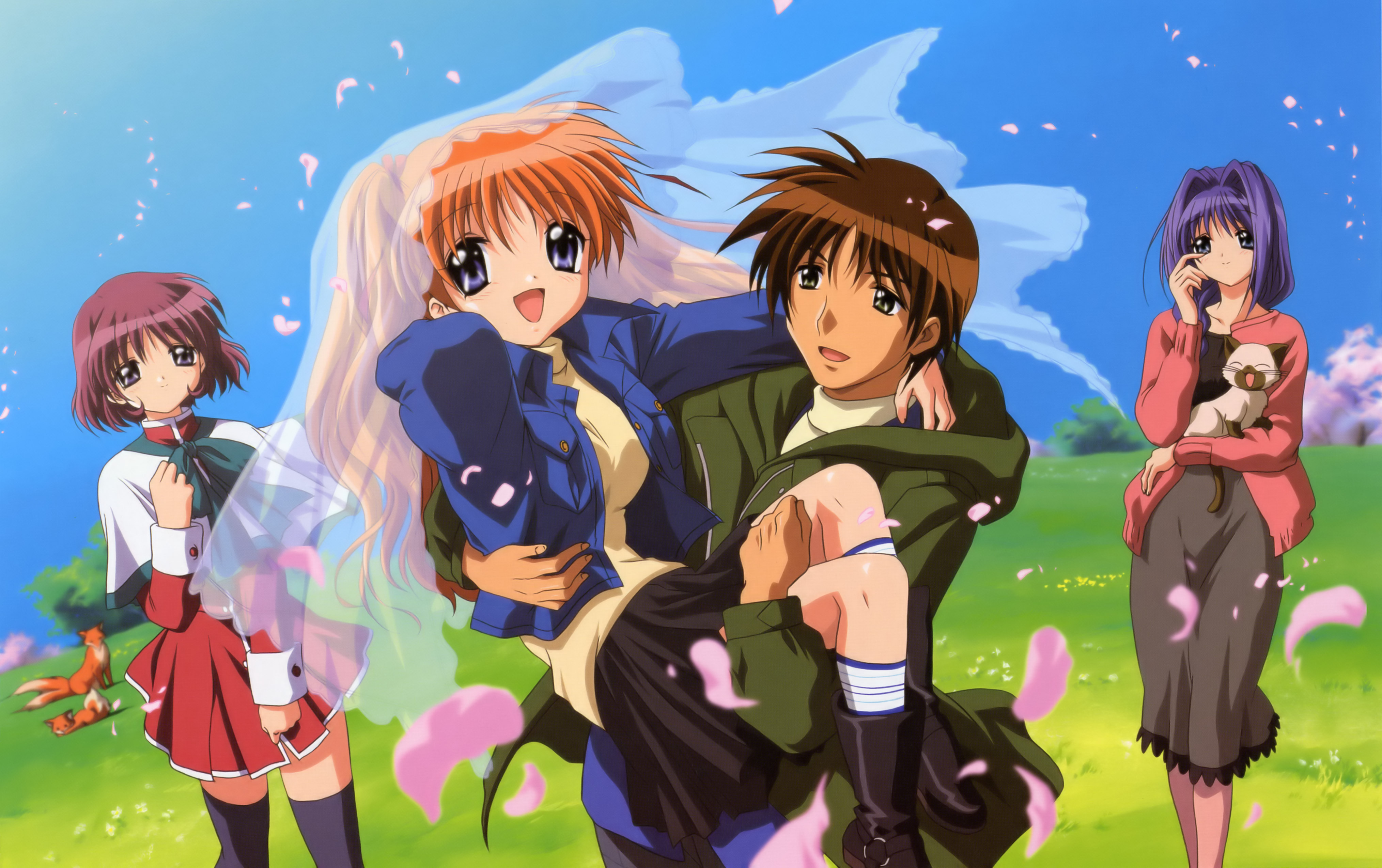 ikeda kazumi, aizawa yuuichi, amano mishio, minase akiko, piro, sawatari makoto, kanon, absurdres, highres, non-web source, traditional media, 2girls, 3girls, blue eyes, blue hair, bow, brown hair, coat, day, fox, green eyes, hair intakes, long hair, multiple girls, orange hair, petals, red hair, red skirt, school uniform, serafuku, short hair, skirt, sky, thighhighs, veil