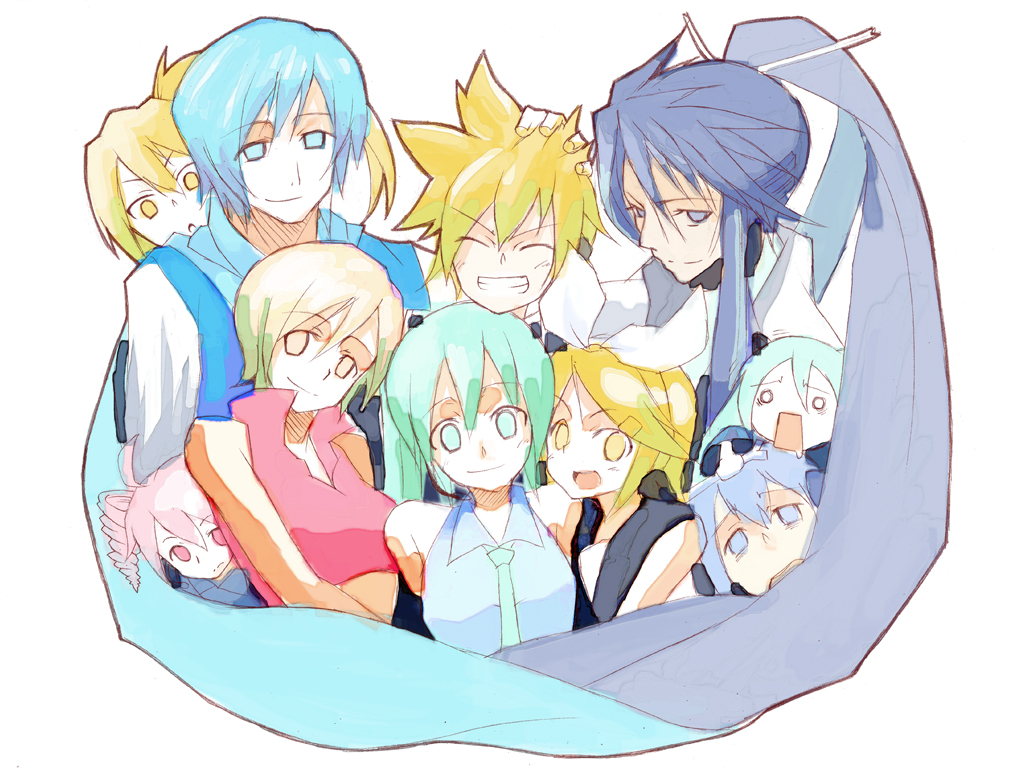 kasuga ayumu (artist), kasuga ayumu (haruhipo), akita neru, hachune miku, hatsune miku, kagamine len, kagamine rin, kaiko (vocaloid), kaito (vocaloid), kamui gakupo, kasane teto, kasane teto (utau), meiko (vocaloid), yowane haku, utau, vocaloid, bad id, bad pixiv id, 3boys, 6+girls, aqua hair, brother and sister, crossover, multiple boys, multiple girls, siblings, twins
