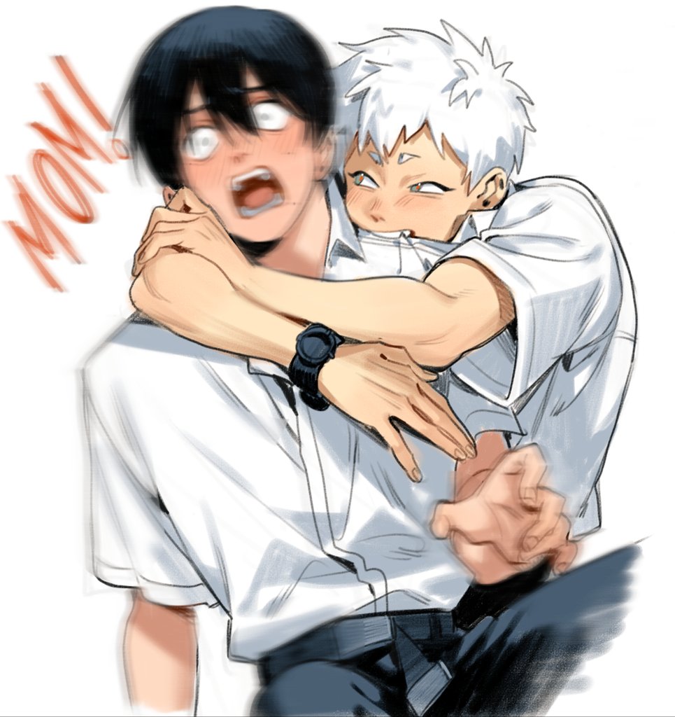 iria arts, indou hikaru, tsujinaka yoshiki, hikaru ga shinda natsu, 2boys, belt, biting, biting shoulder, black belt, black hair, black pants, collared shirt, hair between eyes, light blush, male focus, mole, mole on cheek, mole under eye, mole under mouth, multiple boys, multiple moles, open mouth, pants, red pupils, shirt, shirt tucked in, short hair, short sleeves, simple background, teeth, tongue, trembling, watch, white background, white hair, white shirt, wristwatch, yaoi