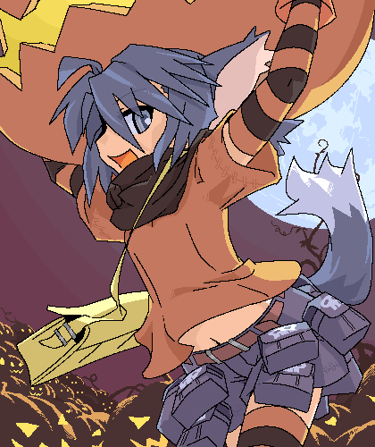 mof, yuel (summon night), summon night, striped legwear, lowres, animal ears, jack-o'-lantern, oekaki, pumpkin, solo, tail
