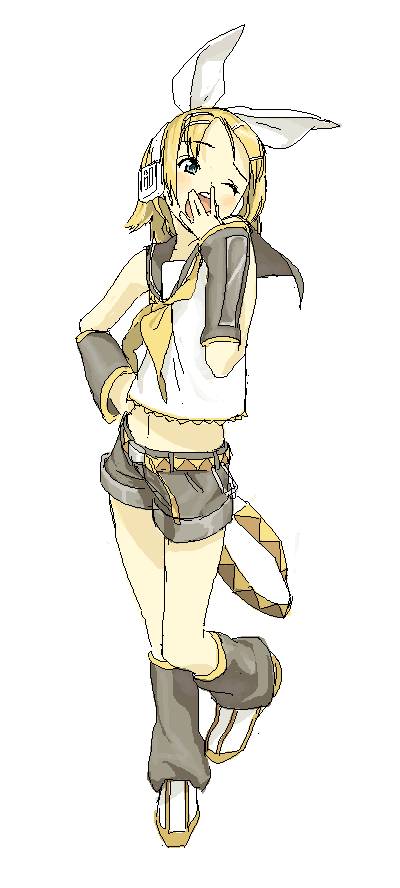 hakuto (artist), hiro (dismaless), kagamine rin, vocaloid, 1girl, female focus, hand on own hip, hand to own mouth, oekaki, one eye closed, simple background, solo, white background, wink, yawning