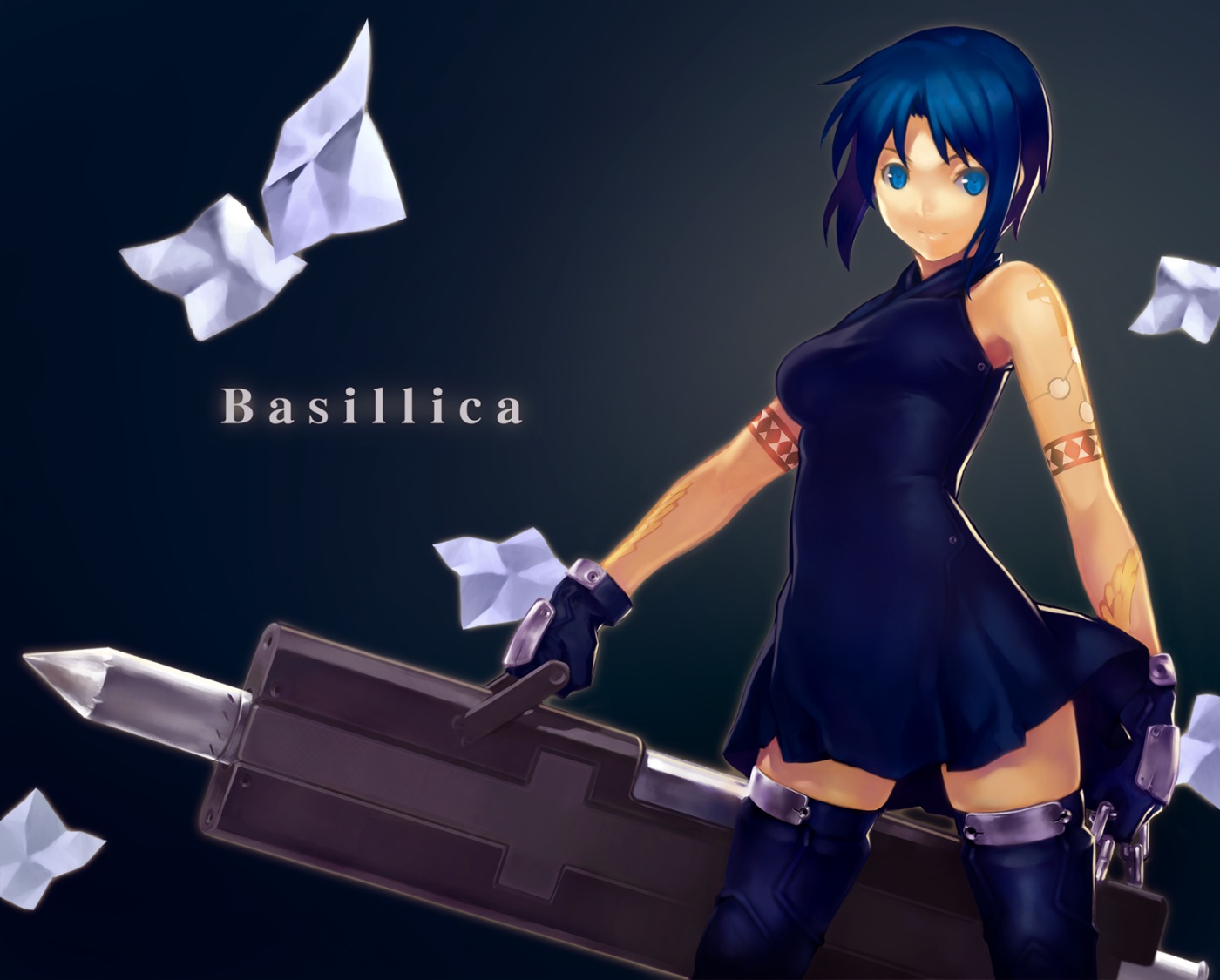 nfb-zmc, ciel (tsukihime), powered ciel, tsukihime, bad id, bad pixiv id, 00s, 1girl, bare shoulders, blue eyes, blue hair, female focus, gloves, huge weapon, matching hair/eyes, pile bunker, seventh holy scripture, short hair, solo, tattoo, thighhighs, weapon, zettai ryouiki