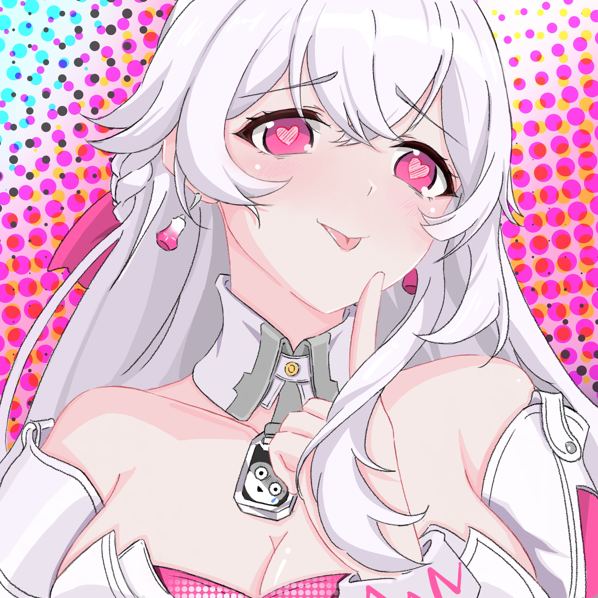br-mk-ix, celestia (heart mender) (strinova), celestia (strinova), strinova, highres, 1girl, bare shoulders, blush, braid, breasts, cleavage, collarbone, detached collar, earrings, finger to own chin, heart, heart-shaped pupils, jewelry, large breasts, long hair, looking to the side, off shoulder, official alternate costume, pink eyes, side braid, sidelocks, solo, symbol-shaped pupils, tongue, tongue out, white hair