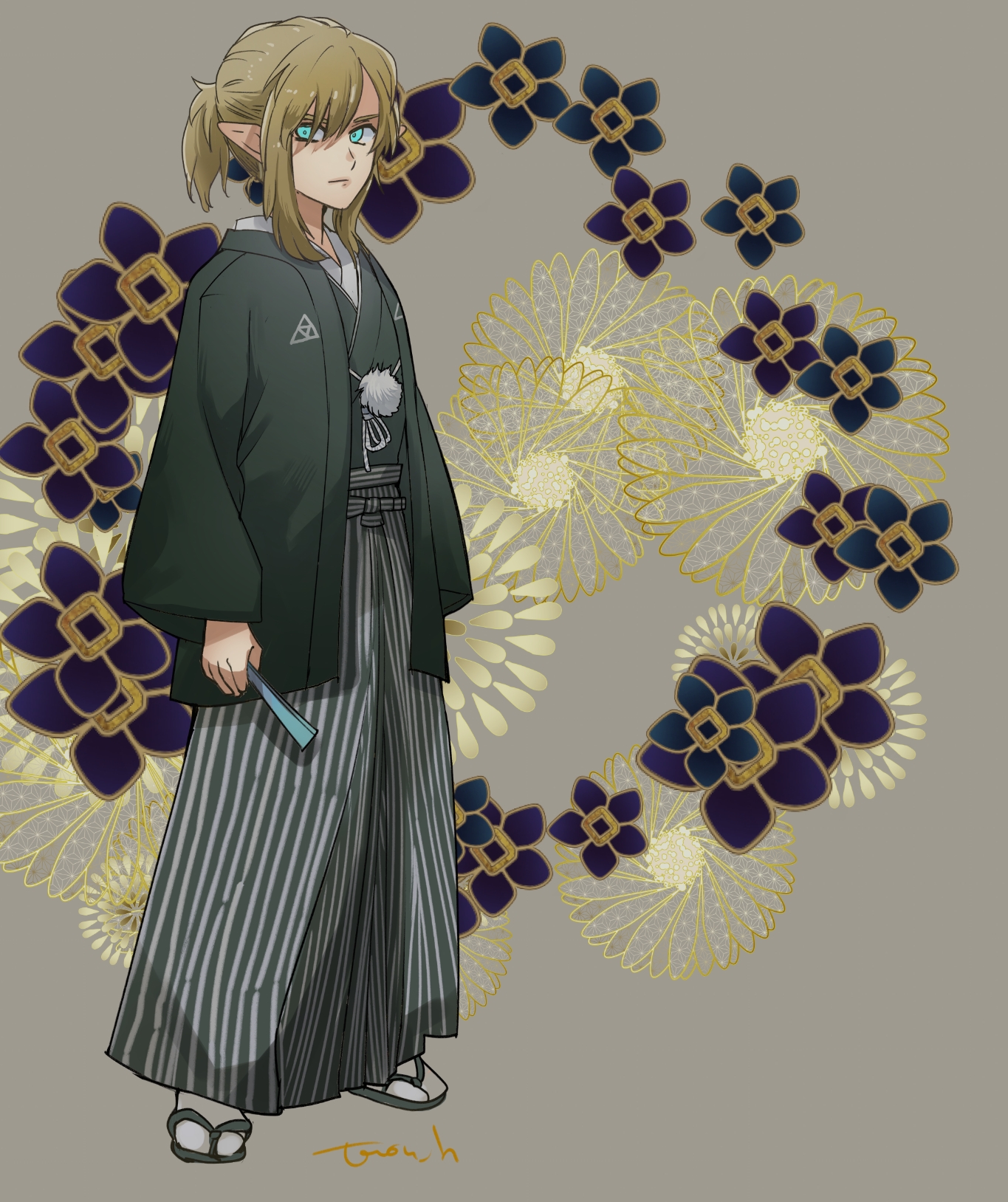 link, nintendo, the legend of zelda, the legend of zelda: breath of the wild, highres, 1boy, alternate costume, aqua eyes, black haori, blonde hair, closed mouth, floral background, full body, grey background, hair between eyes, haori, japanese clothes, looking at viewer, male focus, medium hair, pants, pointy ears, ponytail, sandals, sidelocks, solo, standing, striped clothes, striped pants, tabi, triforce, yamiochirink, zouri