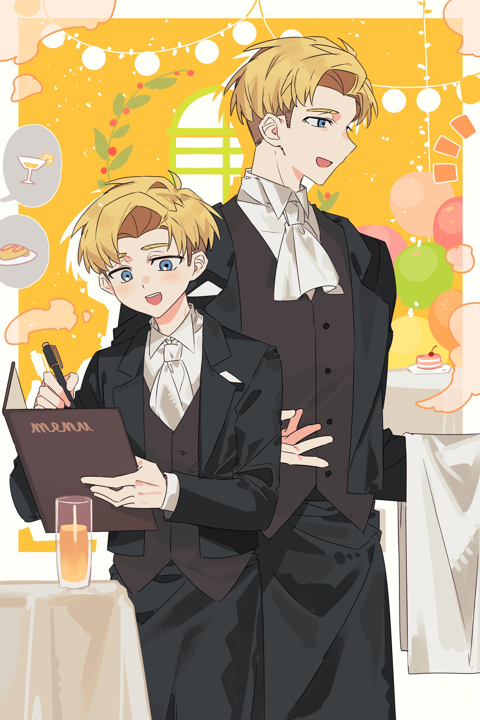 serien, rafal (chi.), chi.: chikyuu no undou ni tsuite, absurdres, highres, 2boys, age progression, ascot, black jacket, black pants, black suit, blonde hair, blue eyes, brown vest, cocktail glass, collared shirt, cowboy shot, cup, drinking glass, formal clothes, holding, holding menu, jacket, light blush, male focus, menu, multiple boys, official alternate costume, open mouth, pants, parted bangs, shirt, short hair, smile, suit, suit jacket, towel, towel on arm, vest, waistcoat, waiter, white ascot, white shirt, writing