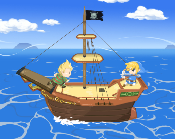 link, lucas (mother 3), toon link, mother (series), mother 3, nintendo, super smash bros., the legend of zelda, 2boys, alternate color, black eyes, blonde hair, bow, bow (weapon), jolly roger, male focus, multiple boys, ocean, pointy ears, ship, watercraft, weapon