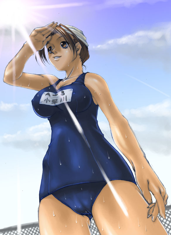 non-web source, brown eyes, brown hair, cameltoe, from below, hip focus, one-piece swimsuit, school swimsuit, swim cap, swimsuit, wet, wide hips