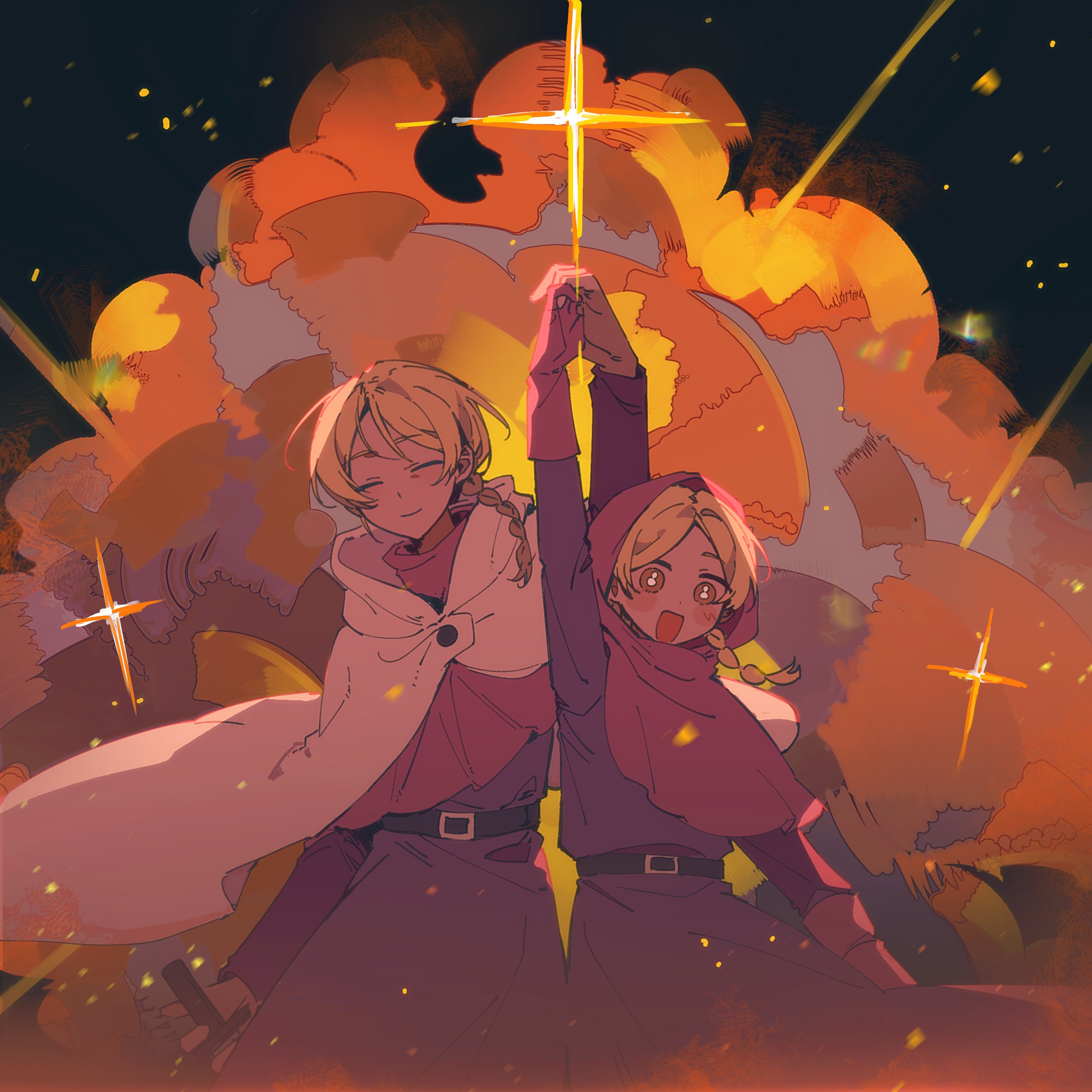 serien, jolenta, chi.: chikyuu no undou ni tsuite, absurdres, highres, 2girls, age progression, belt, belt buckle, black belt, blonde hair, blush, braid, brown eyes, buckle, capelet, cloak, closed eyes, cowboy shot, dress, explosion, explosion background, gloves, hair over shoulder, holding, holding hands, holding sword, holding weapon, hood, hood up, hooded capelet, interlocked fingers, long hair, multiple girls, open clothes, parted bangs, pink capelet, pink dress, pink gloves, single braid, smile, sword, weapon, white cloak