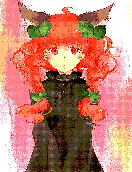 fuji warabi, kaenbyou rin, touhou, 1girl, animal ears, bow, braid, cat ears, cat girl, female focus, red eyes, red hair, ribbon, solo, standing, twin braids, twintails
