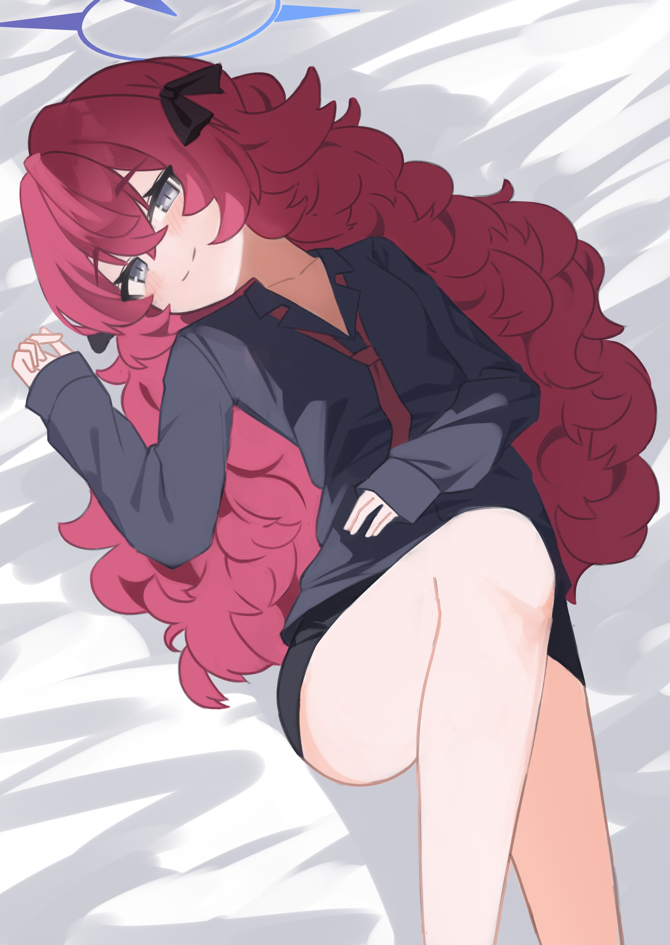 anma21, iroha (blue archive), blue archive, absurdres, highres, tagme, 1girl, bare legs, closed mouth, grey eyes, hair between eyes, halo, long hair, long sleeves, looking at viewer, lying, on back, sleeves past wrists, solo, split mouth, thighs, very long hair