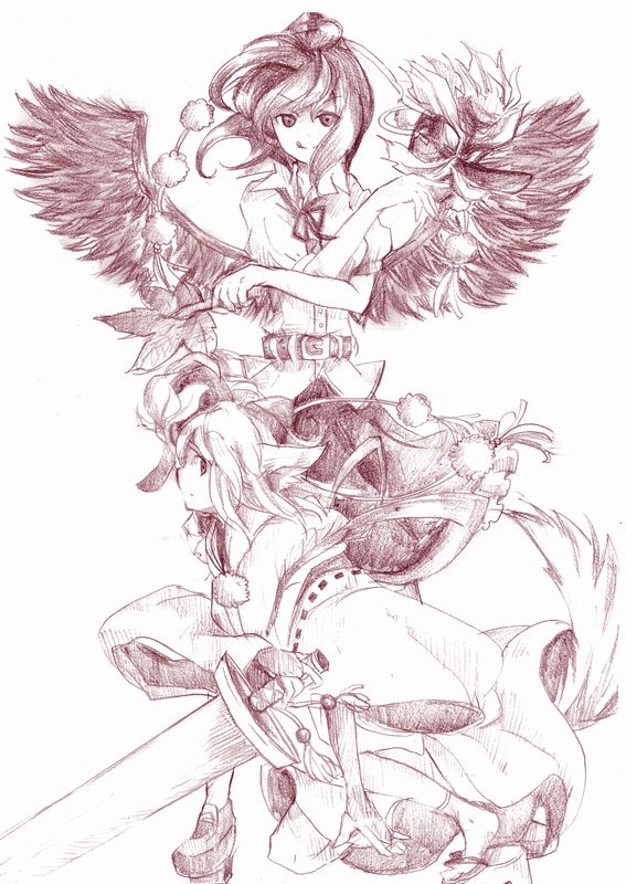 fuji warabi, inubashiri momiji, shameimaru aya, touhou, traditional media, 2girls, :q, black wings, female focus, geta, hand fan, hat, monochrome, multiple girls, pom pom (clothes), purple theme, sketch, sword, tengu-geta, tokin hat, tongue, tongue out, weapon, wings