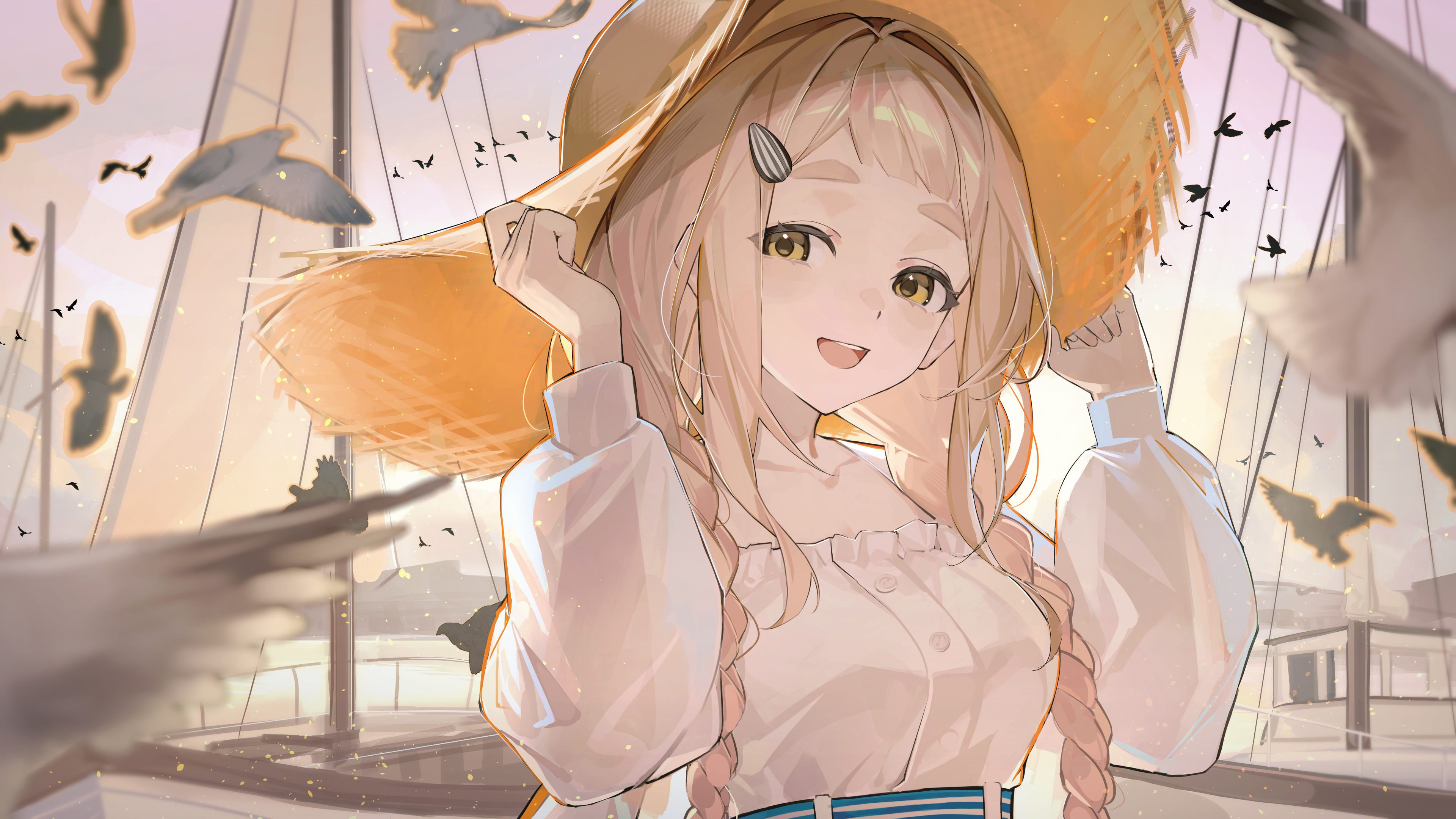 cine (wazd0183), machita chima, nijisanji, absurdres, highres, 1girl, bird, blonde hair, blunt bangs, breasts, brown hat, collarbone, double blade, dress, frilled dress, frills, hat, light particles, long sleeves, looking at viewer, medium breasts, open mouth, outdoors, pigeon, puffy sleeves, sail, sidelocks, simple bird, smile, solo, straw hat, sun hat, thick eyebrows, too many, too many birds, virtual youtuber, yacht, yellow eyes