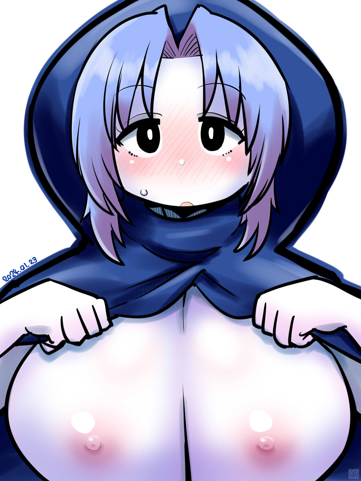 itini-sanshi, flour (cookie), kumoi ichirin, cookie (touhou), touhou, commentary request, highres, 1girl, black eyes, blue hair, blue hood, blush, breasts, bright pupils, colored skin, curtained hair, dated, hood, hood up, large breasts, long hair, looking at viewer, nipples, nose blush, open mouth, simple background, solo, upper body, white background, white pupils, white skin