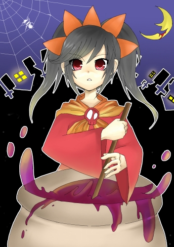 ashley (warioware), nintendo, warioware, lowres, neckwear request, 1girl, black hair, bug, cauldron, dot nose, dress, facing viewer, female focus, hairband, long sleeves, looking at viewer, moon, neckerchief, night, night sky, orange hairband, orange neckerchief, red dress, red eyes, silk, skull, sky, solo, spider, spider web, stirring, swept bangs, twintails