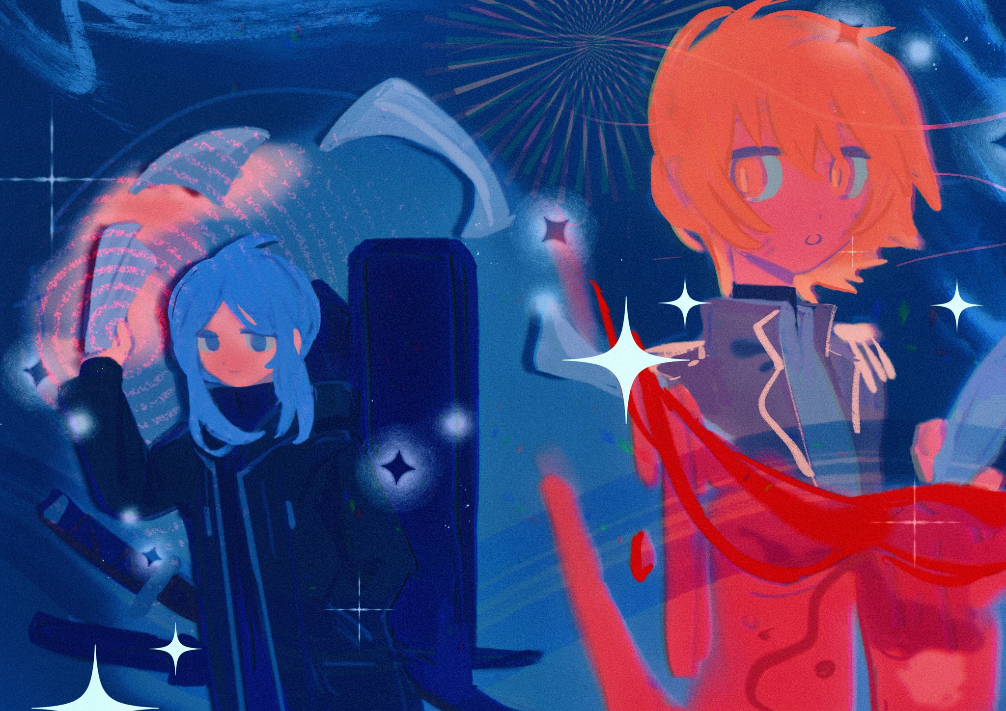 bari (project moon), don quixote (project moon), limbus company, project moon, highres, 2girls, :o, black coat, black sweater, blonde hair, blood, blue background, blue eyes, blue hair, coat, gold trim, limited palette, looking at another, multiple girls, open mouth, shirt, short hair, simple background, sweater, upper body, vgh3pncsgb22169, white shirt, yellow eyes