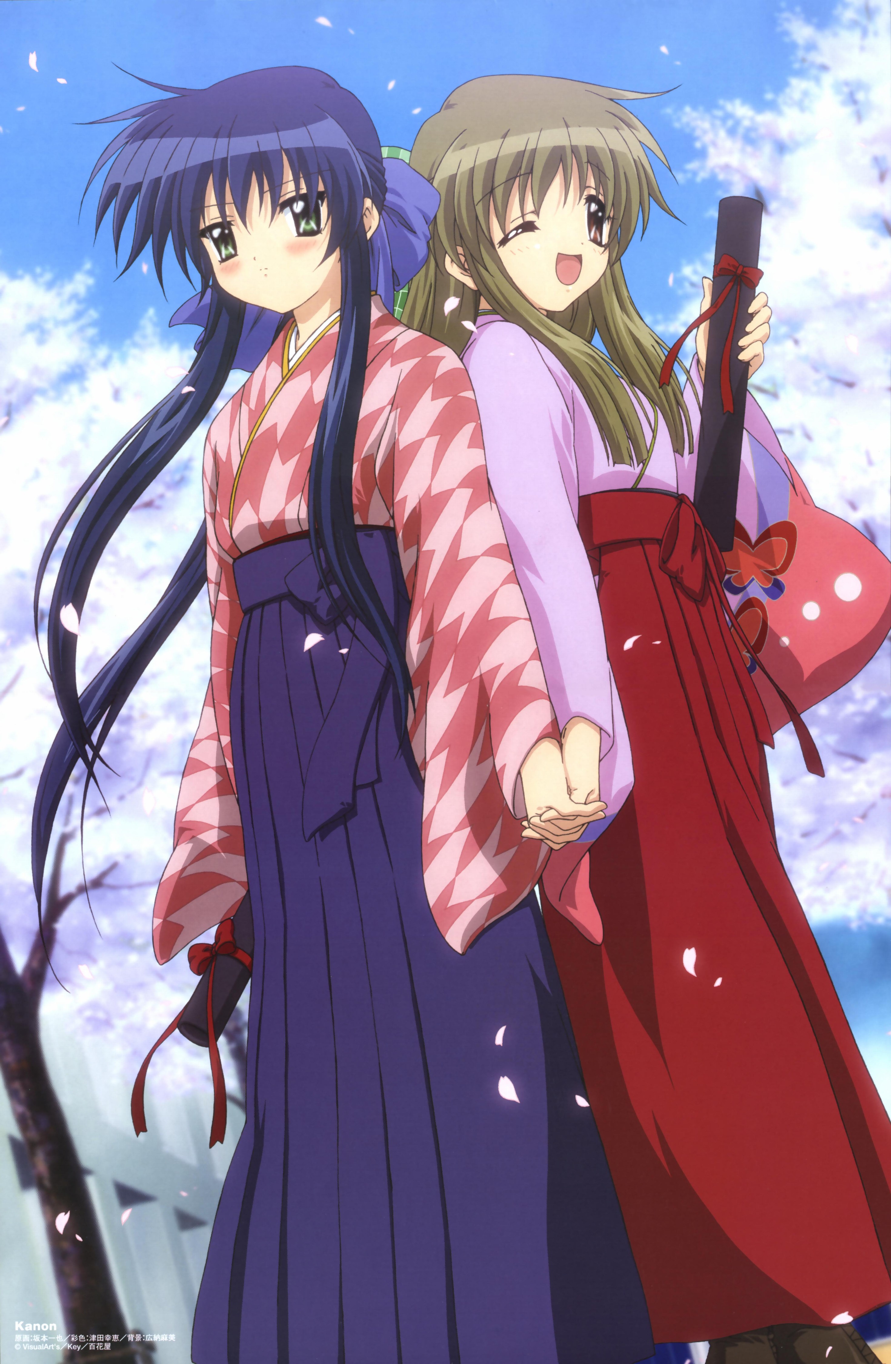 sakamoto kazuya, kawasumi mai, kurata sayuri, kanon, absurdres, highres, 2girls, arrow print, blue hair, blush, bow, brown hair, building, diploma, dress, graduation, green eyes, holding hands, japanese clothes, kimono, long hair, multiple girls, one eye closed, petals, print dress, red eyes, ribbon, tree, very long hair, wink, yagasuri