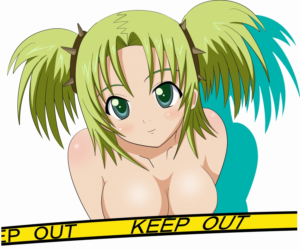 mametti, droite (tales), tales of (series), tales of vesperia, bad id, bad pixiv id, 00s, 1girl, breasts, caution tape, censored, cleavage, female focus, green eyes, green hair, keep out, short hair, solo, topless female