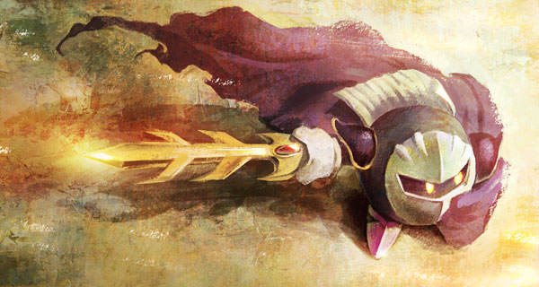 meta knight, kirby (series), nintendo, bad id, bad pixiv id, armor, cape, galaxia (sword), gloves, male focus, mask, sword, weapon, yellow eyes