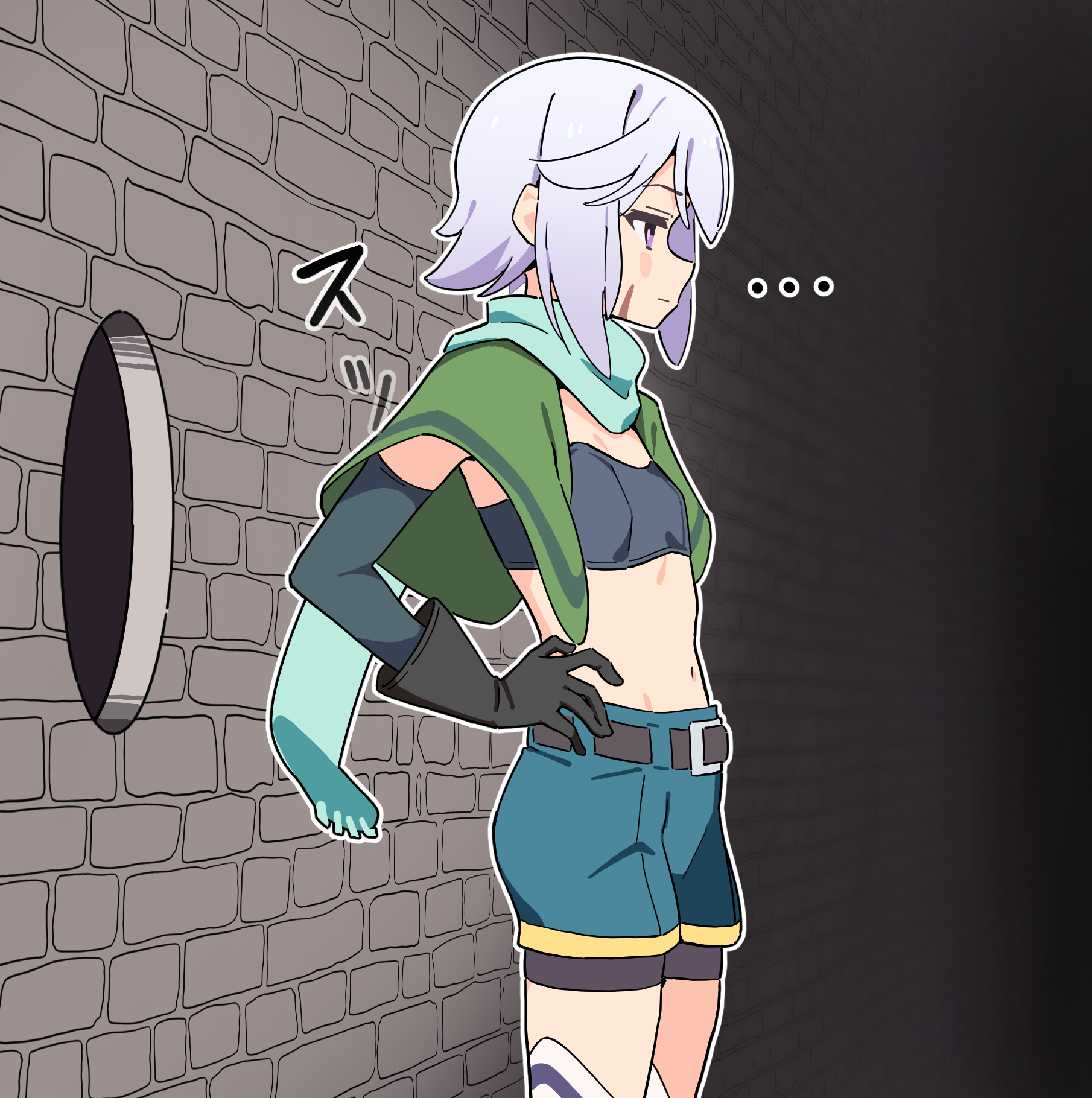 noyama takenoko, chris (konosuba), kono subarashii sekai ni shukufuku wo!, commentary, highres, …, 1girl, aqua scarf, black gloves, breast conscious, breasts, brick wall, facial scar, gloves, grey hair, hair between eyes, hand on own hip, hole in wall, navel, purple eyes, scar, scar on cheek, scar on face, scarf, short hair, short shorts, shorts, small breasts, solo, thighhighs