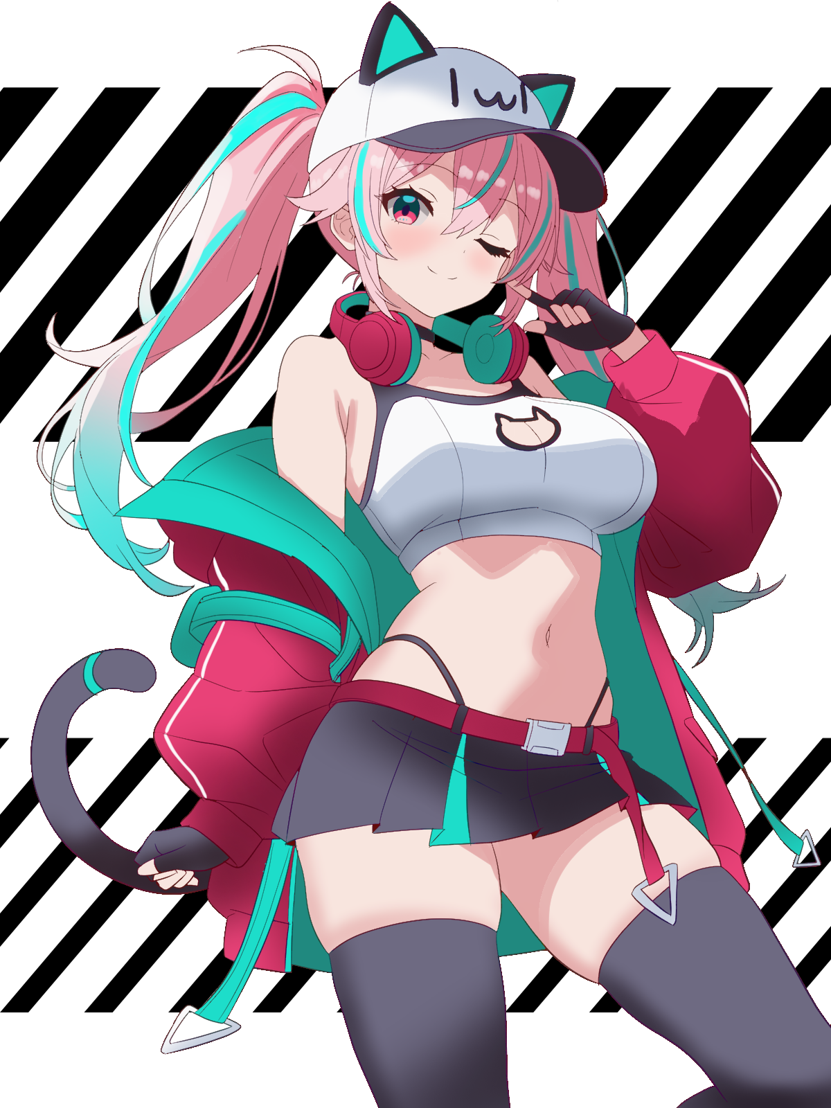 shibito (shibito0000), original, highres, 1girl, animal ears, armpit crease, baseball cap, belt, belt buckle, blue hair, blush, breasts, buckle, cat cutout, cat ears, cat tail, cleavage, clothing cutout, collarbone, crop top, fake animal ears, fake tail, fingerless gloves, from below, gloves, hat, headphones, headphones around neck, highleg, highleg panties, jacket, large breasts, long hair, looking at viewer, miniskirt, multicolored hair, navel, off-shoulder jacket, off shoulder, one eye closed, open clothes, open jacket, panties, pink hair, pleated skirt, simple background, skirt, smile, solo, tail, thick thighs, thighhighs, thighs, twintails, underwear, wink