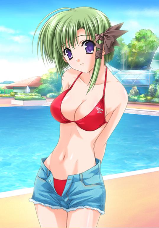 shigure asa, shuffle!, jpeg artifacts, third-party edit, 00s, 1girl, bikini, breasts, cleavage, day, denim, denim shorts, female focus, green hair, hair ribbon, halterneck, large breasts, navel, open clothes, open fly, open shorts, outdoors, pool, poolside, purple eyes, red bikini, ribbon, short hair, shorts, solo, swimsuit, unzipped