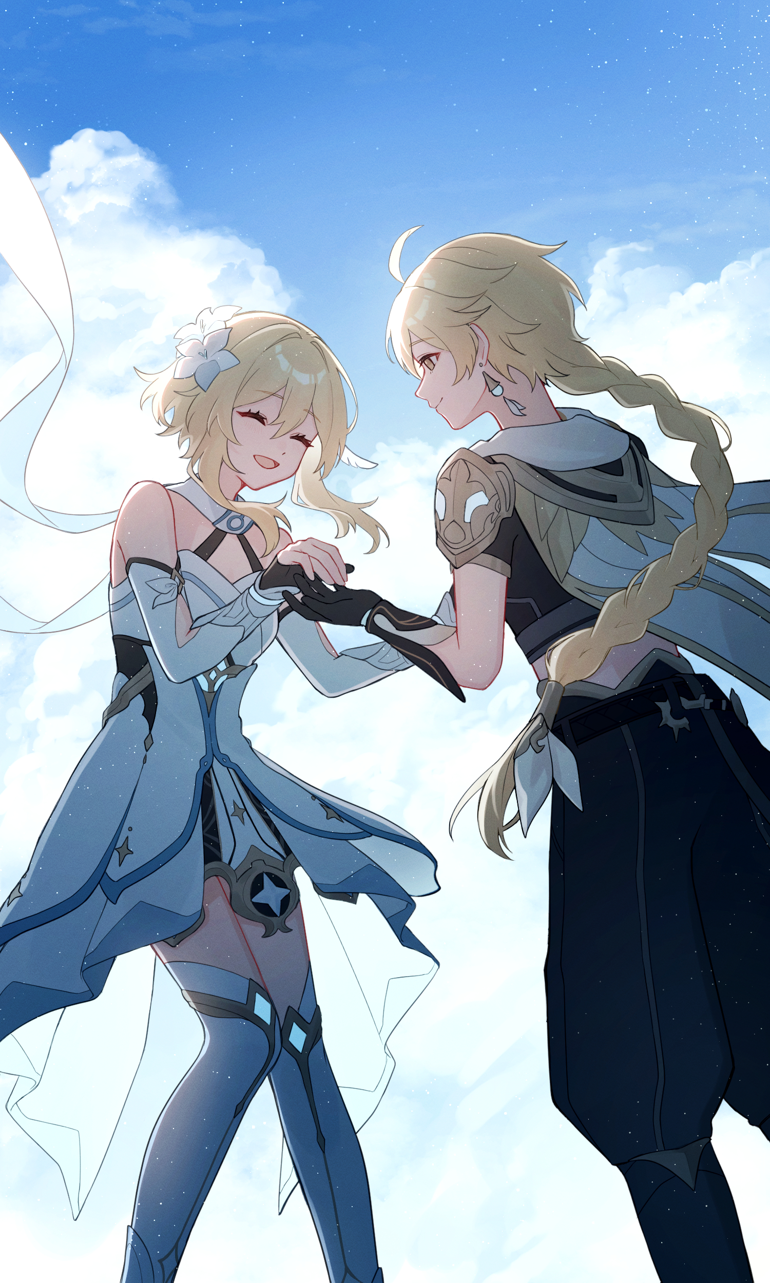 hana (nemukunai87), aether (genshin impact), lumine (genshin impact), genshin impact, absurdres, highres, 1boy, 1girl, ahoge, bare shoulders, blonde hair, brother and sister, cape, closed eyes, cloud, cloudy sky, dress, earrings, flower, gauntlets, hair flower, hair ornament, holding hands, jewelry, looking at another, siblings, sky, white dress, white flower, yellow eyes