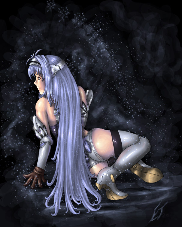 kos-mos, namco, xenosaga, 00s, android, ass, back, blue hair, gloves, long hair, red eyes, solo, thighhighs, thighs, very long hair