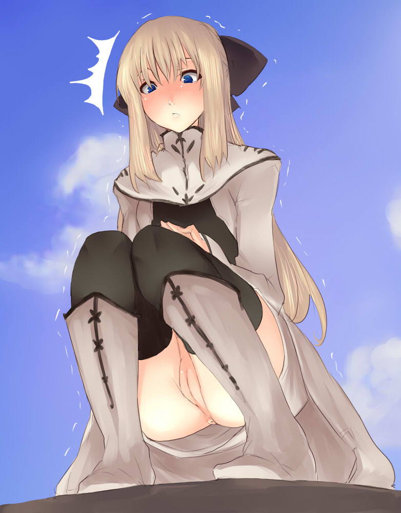 goban, cyrille (shining force exa), sega, shining (series), shining force exa, 1girl, ^^^, anus, ass, blonde hair, blue eyes, blush, boots, cleft of venus, cloud, day, female focus, from below, knee boots, long hair, looking down, no panties, pussy, sky, solo, squatting, surprised, thighhighs, trembling, uncensored