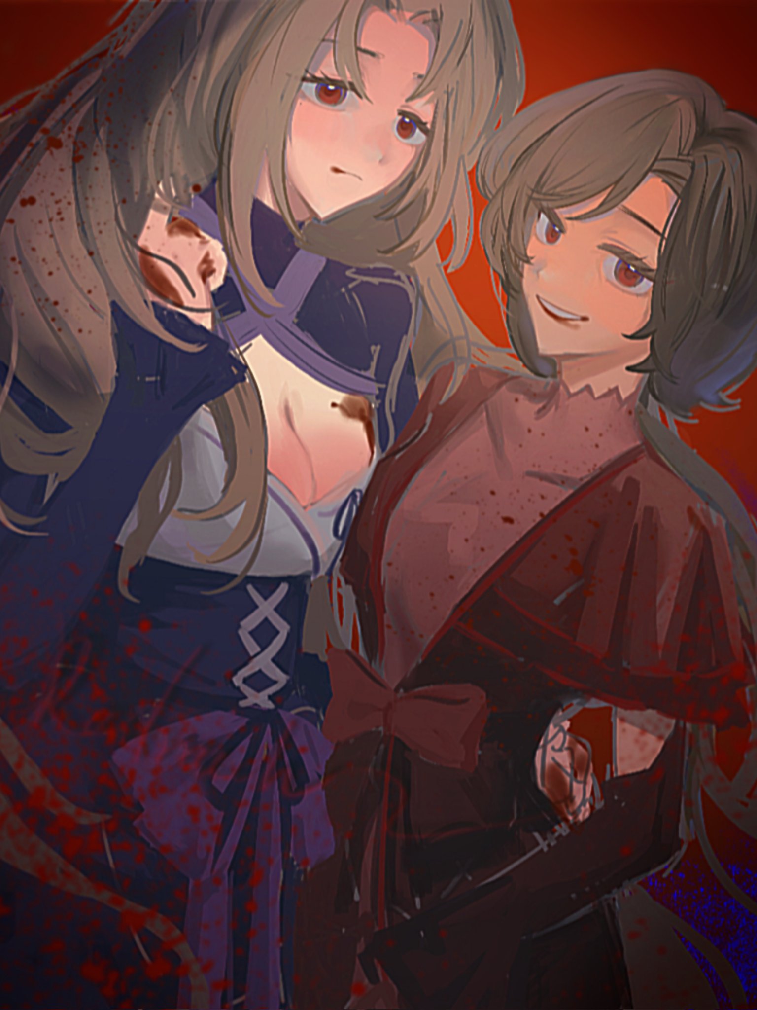 outis (project moon), rodion (project moon), limbus company, project moon, highres, 2girls, black corset, black dress, black shrug, blood, bow, breasts, brown hair, cleavage, corset, dress, la manchaland (identity) (project moon), long hair, looking at viewer, multiple girls, parted bangs, purple bow, red background, red bow, red dress, red eyes, shrug (clothing), simple background, standing, upper body, vgh3pncsgb22169