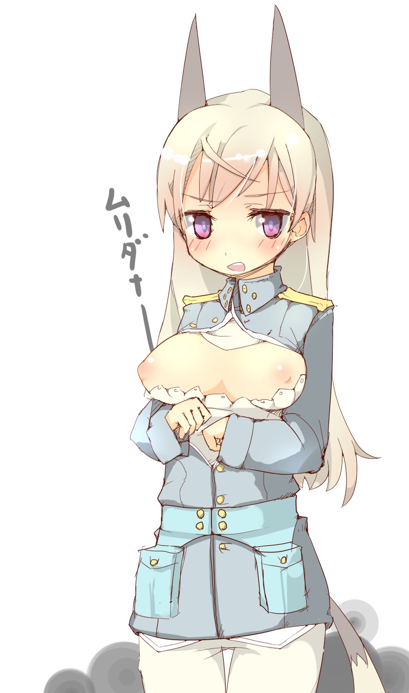 prnt, eila ilmatar juutilainen, strike witches, world witches series, highres, 00s, 1girl, animal ears, blonde hair, blush, breasts, breasts out, female focus, long hair, medium breasts, muri da na, nipples, nude, pantyhose, purple eyes, solo, tail, white pantyhose