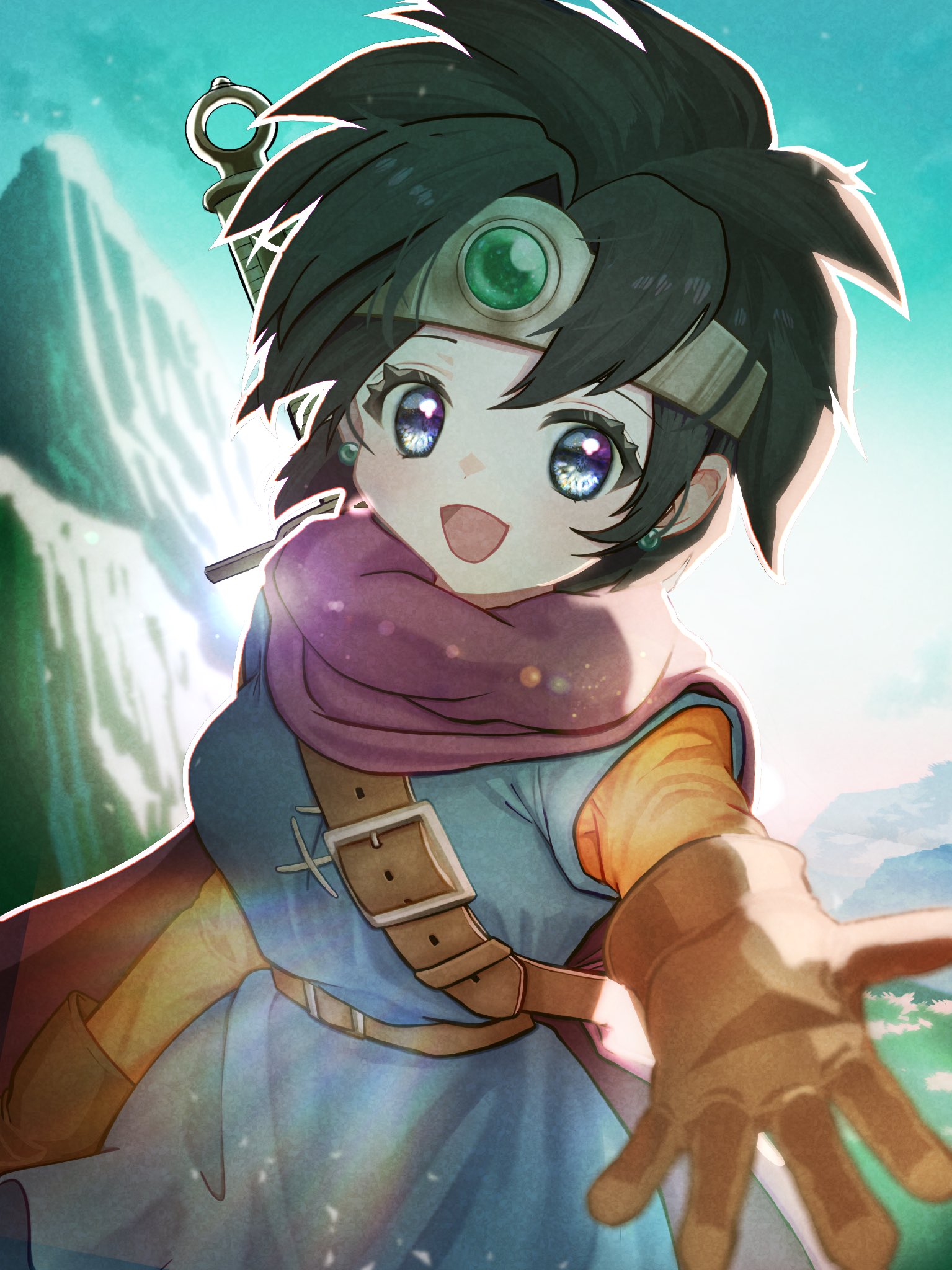 johny55, heroine (dq3), dragon quest, dragon quest iii, highres, 1girl, belt, black hair, blue eyes, blue tunic, brown belt, brown gloves, circlet, cloak, earrings, gem, gloves, green gemstone, jewelry, light blush, looking at viewer, mountain, open mouth, orange shirt, outdoors, outstretched hand, parted bangs, purple cloak, shirt, short hair, shoulder belt, smile, solo, sword, sword on back, tunic, upper body, weapon, weapon on back