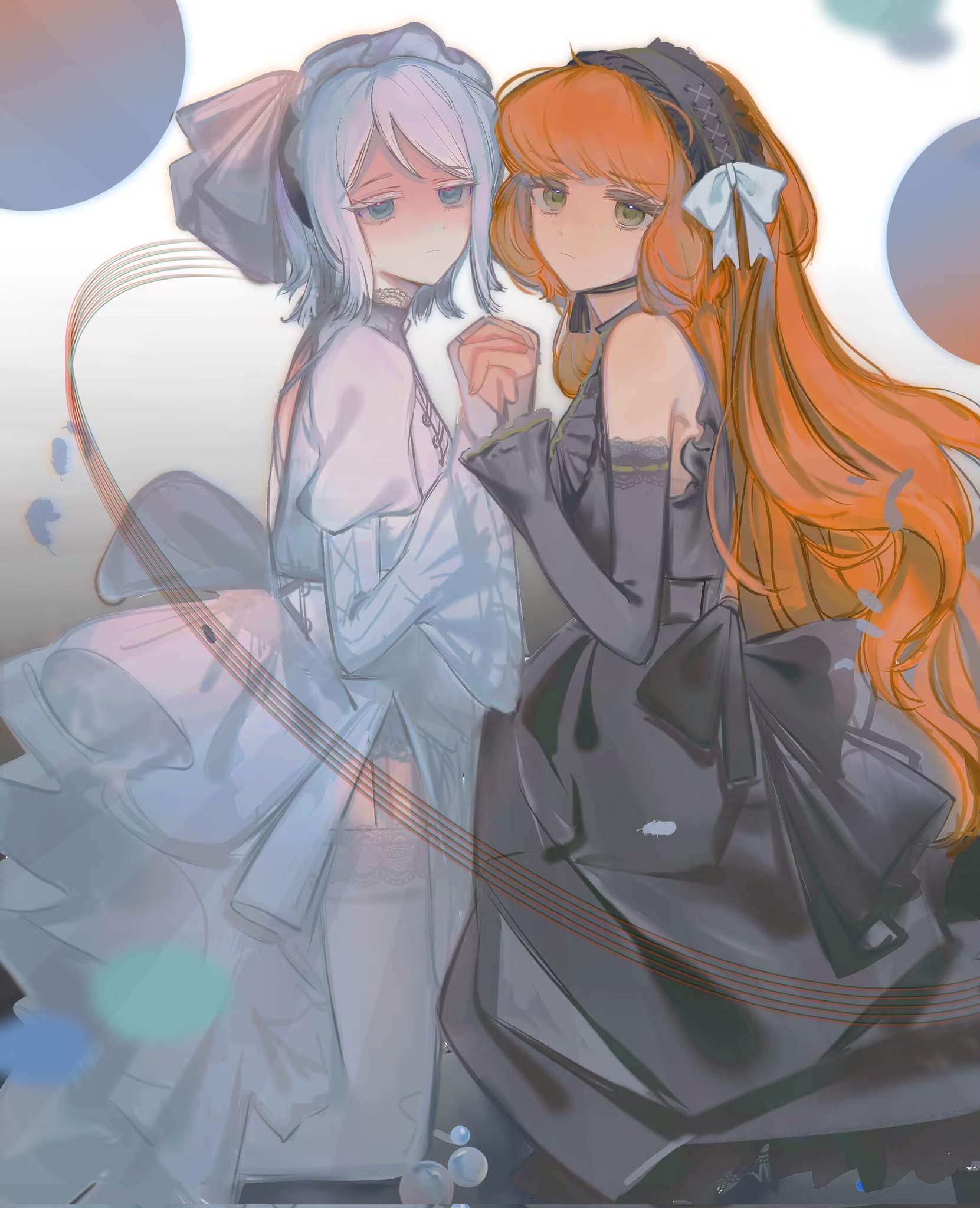 faust (project moon), ishmael (project moon), limbus company, project moon, highres, 2girls, alternate costume, bare shoulders, black bow, black dress, black hairband, blue eyes, bonnet, bow, closed mouth, detached sleeves, dress, freckles, green eyes, grey background, hair bow, hairband, holding hands, kneeling, lace, lace-trimmed thighhighs, lace trim, long hair, long sleeves, looking at viewer, multiple girls, orange hair, short hair, simple background, thighhighs, upper body, vgh3pncsgb22169, white bonnet, white bow, white dress, white hair, white thighhighs