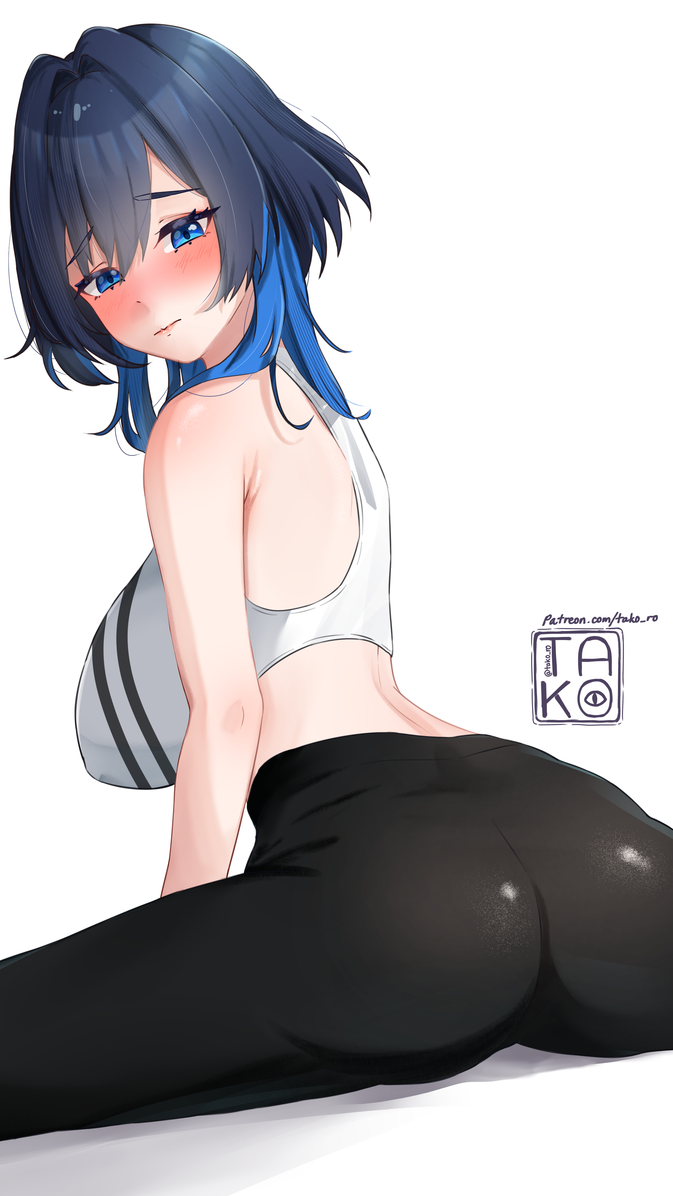 takoroki, ouro kronii, hololive, hololive english, absurdres, commentary, highres, 1girl, ass, between legs, black pants, blue eyes, blue hair, blush, breasts, closed mouth, colored inner hair, from behind, hair intakes, hand between legs, large breasts, looking at viewer, looking back, multicolored hair, pants, simple background, sitting, solo, sports bra, spread legs, two-tone hair, virtual youtuber, white background, white sports bra, wolf cut, yoga pants