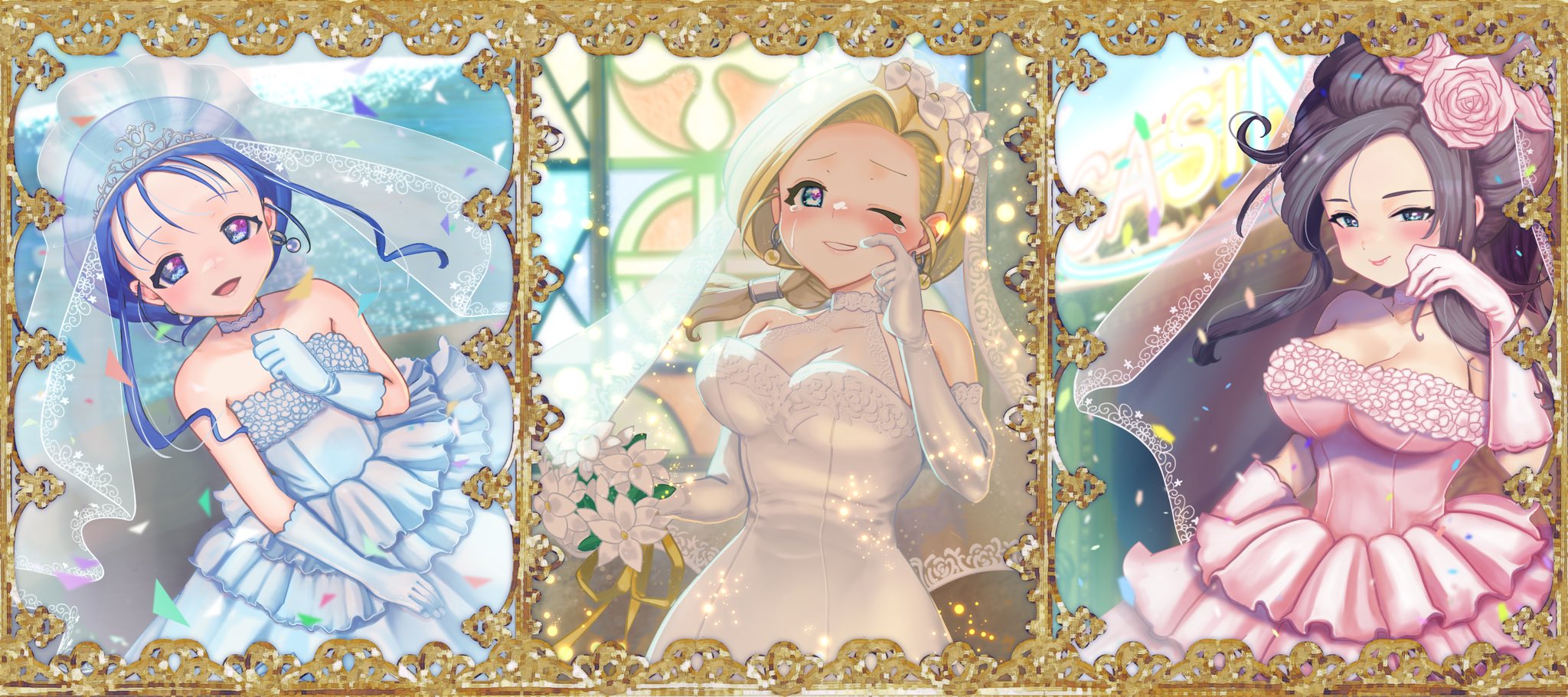 johny55, bianca (dq5), deborah (dq5), flora (dq5), dragon quest, dragon quest v, highres, 3girls, bare shoulders, black hair, blonde hair, blue dress, blue eyes, blue gloves, blue hair, blush, bouquet, braid, breasts, bridal veil, bride, choker, cleavage, closed mouth, confetti, crying, dress, earrings, elbow gloves, flower, gloves, hair flower, hair ornament, halter dress, halterneck, hand on own chest, happy tears, holding, holding bouquet, jewelry, large breasts, long hair, looking at viewer, medium breasts, multiple girls, open mouth, parted lips, pink dress, pink flower, pink gloves, pink rose, rose, sidelocks, single braid, smile, swept bangs, tears, updo, upper body, veil, wedding dress, white dress, white flower, white gloves, wiping tears