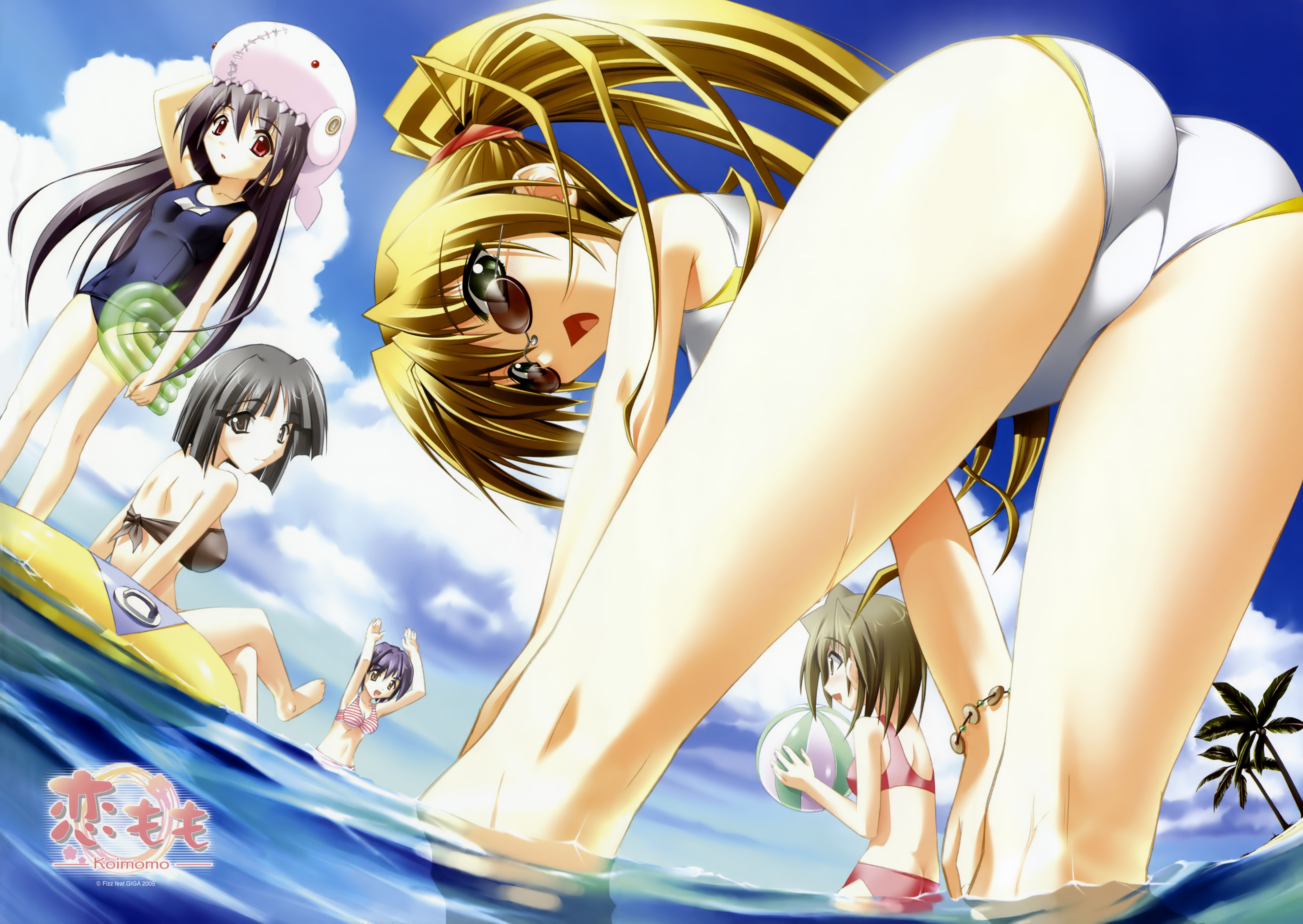 horibe chiaki, kisa (koimomo), konami maki, nishiki ayaka, sakagami minami, koimomo, absurdres, artist request, highres, official art, 5girls, ass, bent over, bikini, black eyes, black hair, brown eyes, brown hair, company name, day, glasses, green eyes, innertube, long hair, multiple girls, one-piece swimsuit, ponytail, purple hair, red eyes, school swimsuit, short hair, swim ring, swimsuit, water, water float
